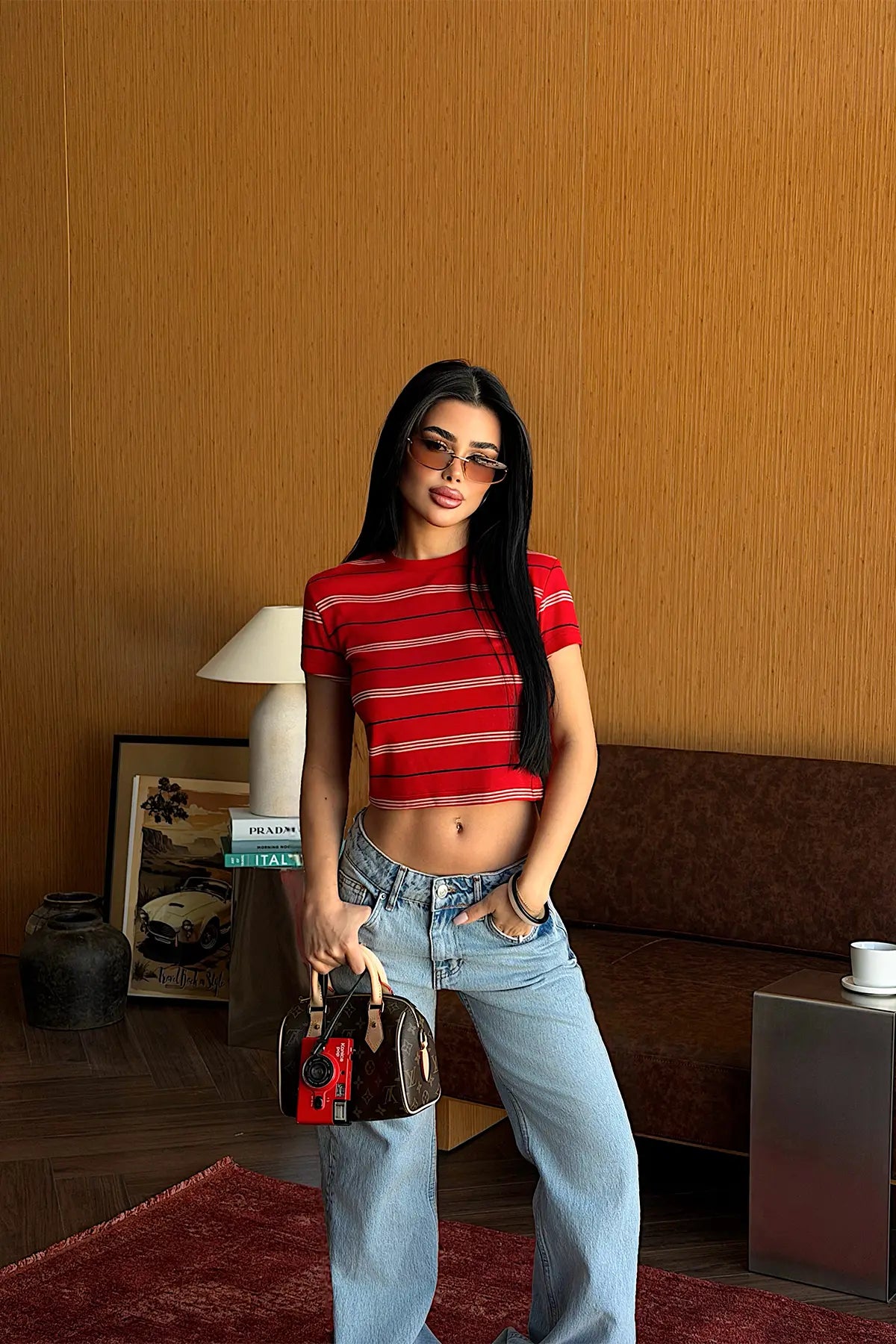 Kırmızı Çizgili Crop Top