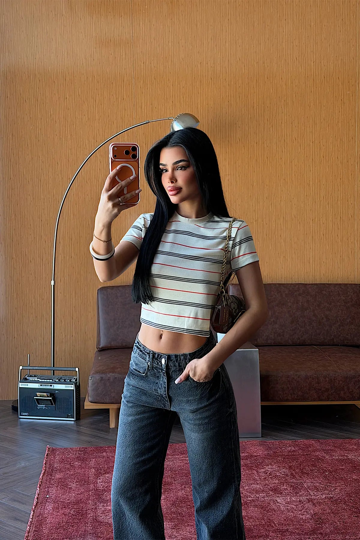 Krem Çizgili Crop Top