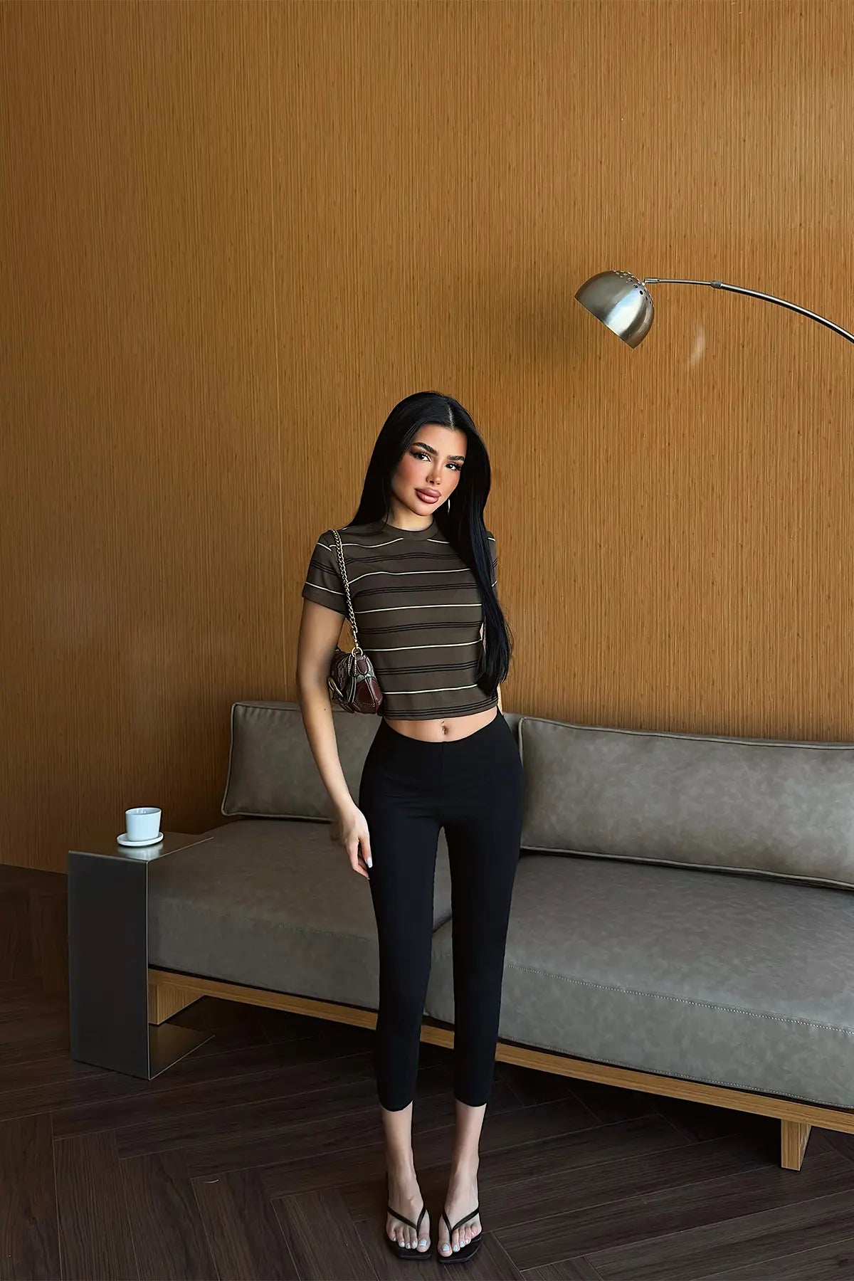 Kahverengi Çizgili Crop Top