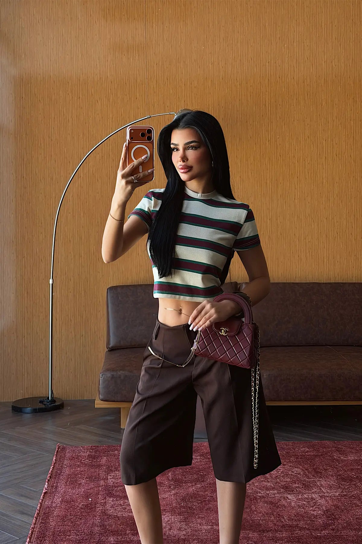 Bej Çizgili Crop Top