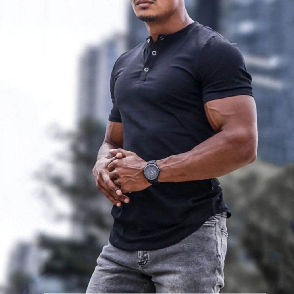 Men's Short-Sleeved Mandarin Collar Button-Front Viscose Blouse, 26883