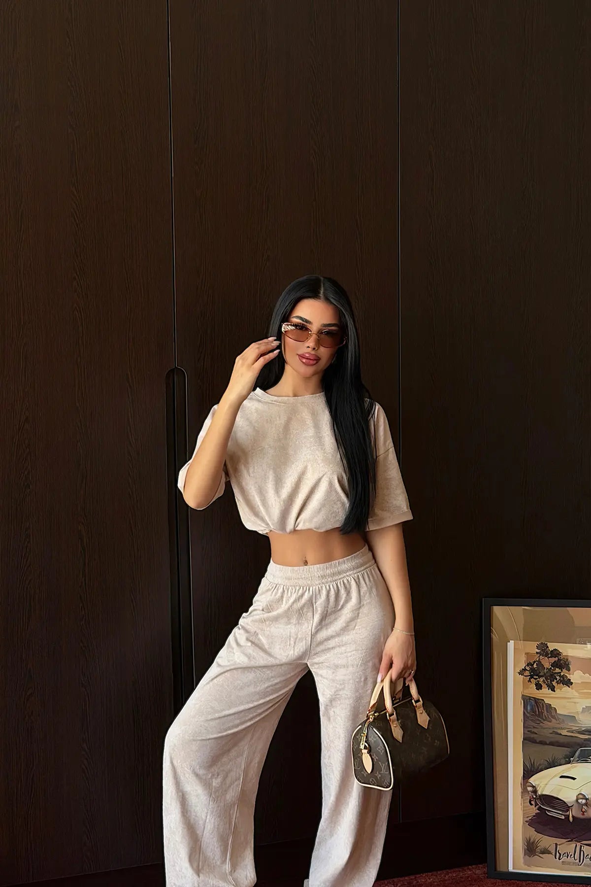 Bej Batik Desen Pantolonlu Takım