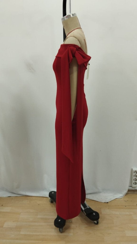 Women's Off-the-Shoulder Ribbon Detail Long Crepe Dress, 25986