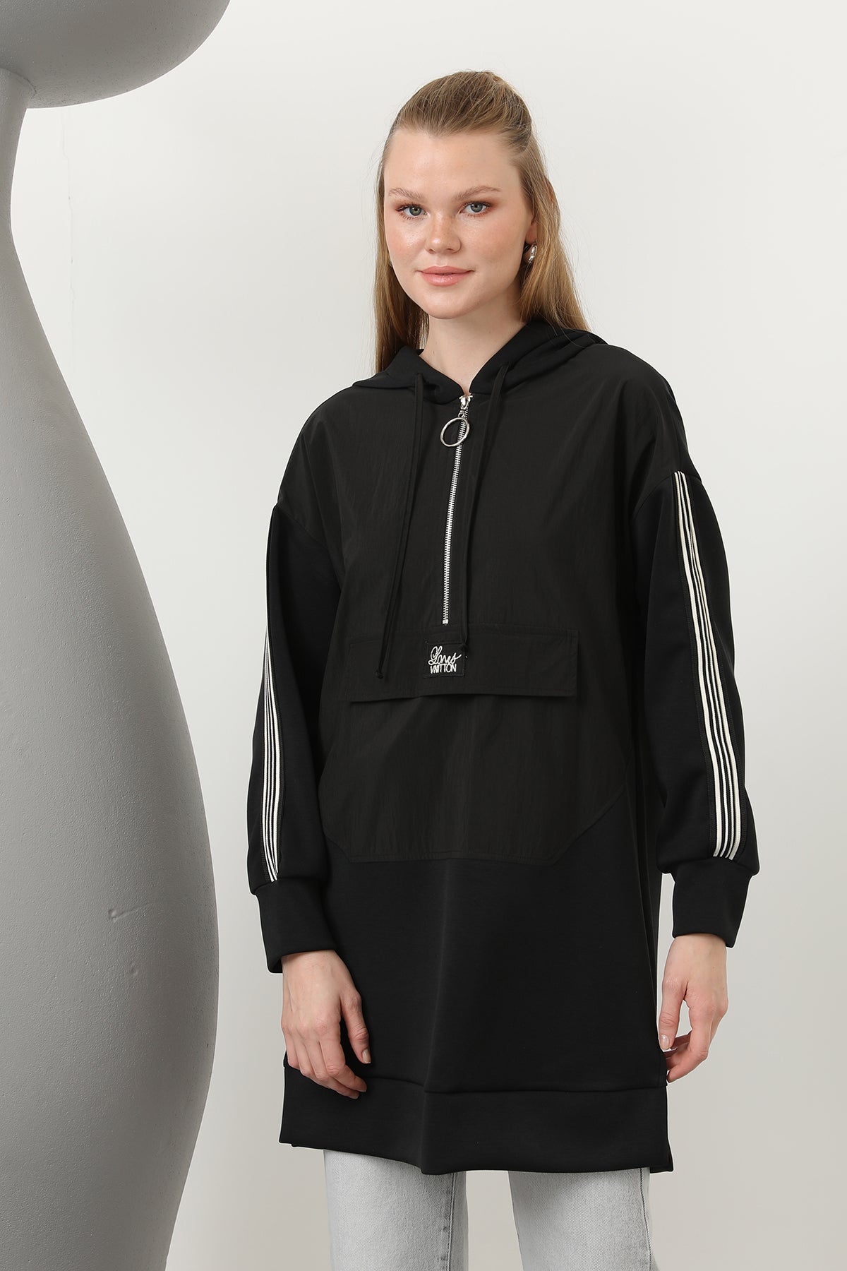 Kadın Önü Fermuar Detaylı Kapişonlu Tunik - 10610TUN - BLACK