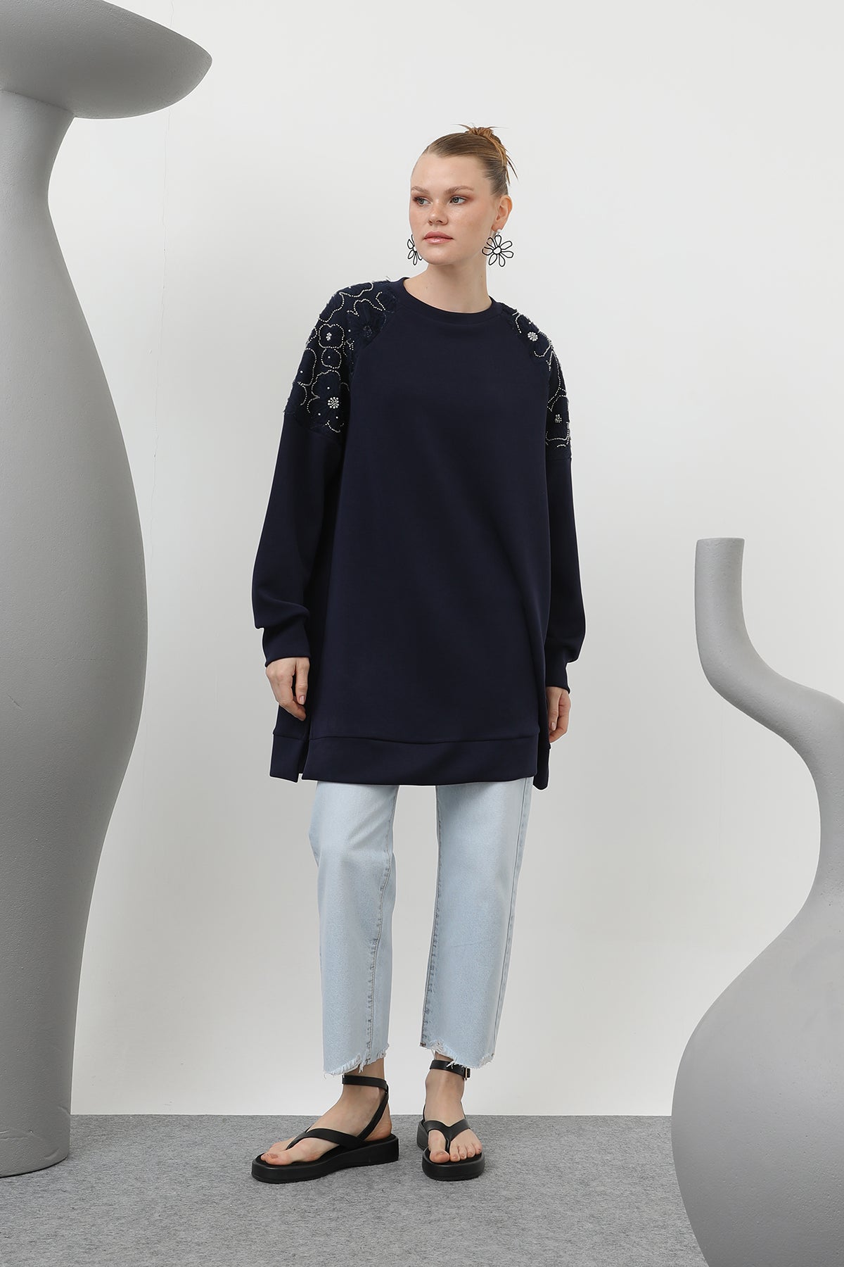 Kadın Omuzları Tül Detaylı Tunik - 10616TUN - NAVY