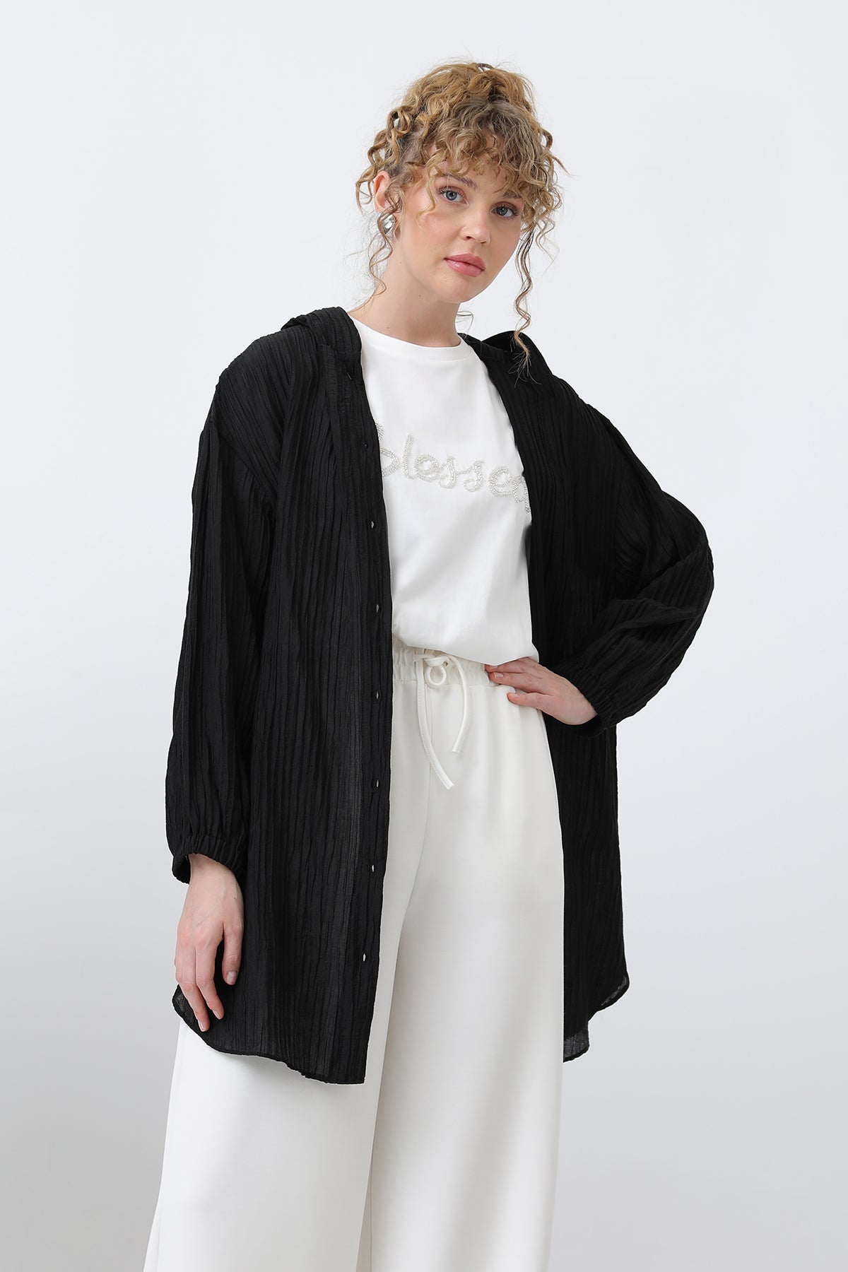 Kadın İçi Tişörtlü Kapüşon Detaylı Tunik - 10626TNK - BLACK