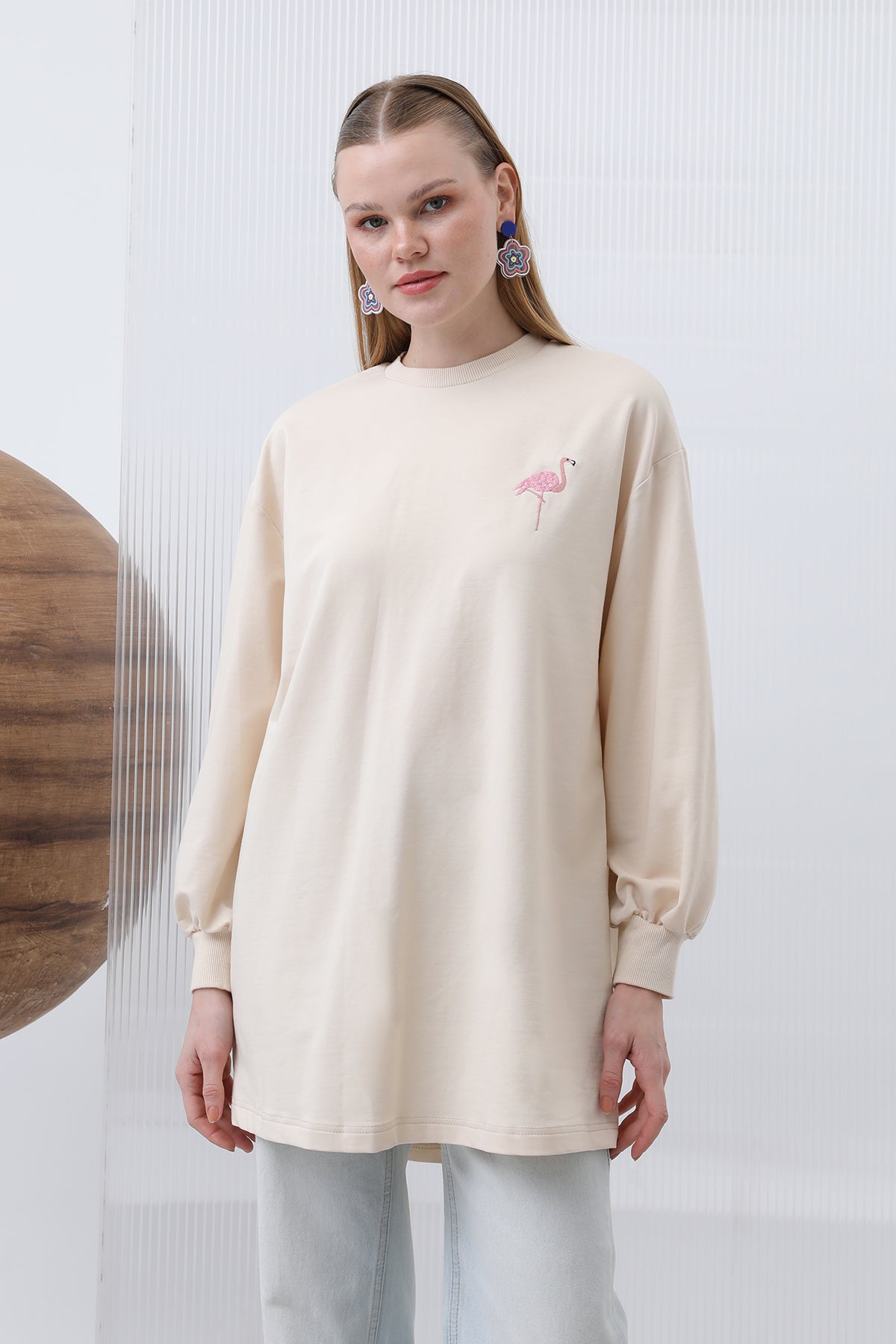 Kadın Arkası Flamingo Nakışlı Garnili Tunik  - 10630TUN - BEIGE