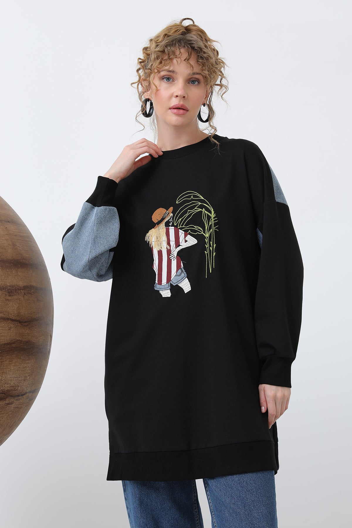 Kadın Önü Şapkalı Kız Nakışlı Tunik - 10632TUN - BLACK