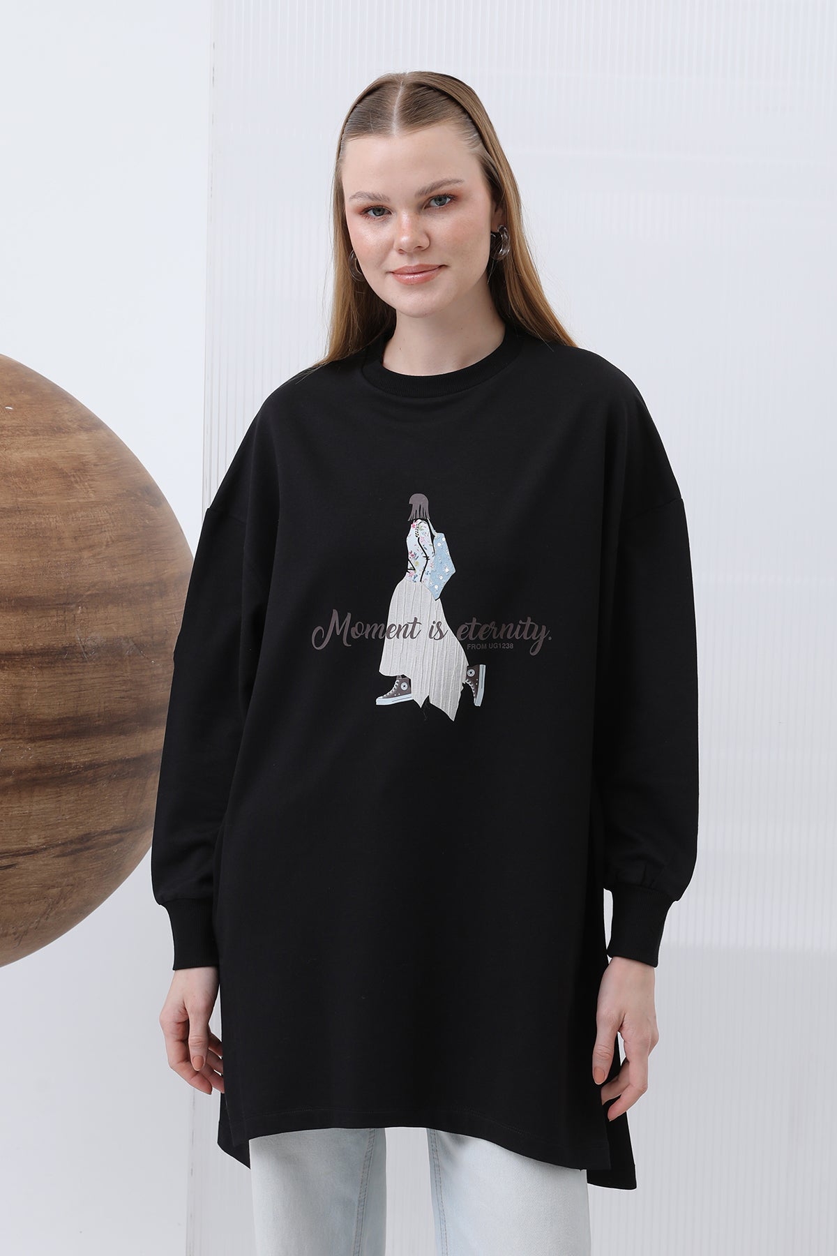 Kadın Önü Etekli  Baskılı Ve Yazılı Tunik - 10635TUN - BLACK