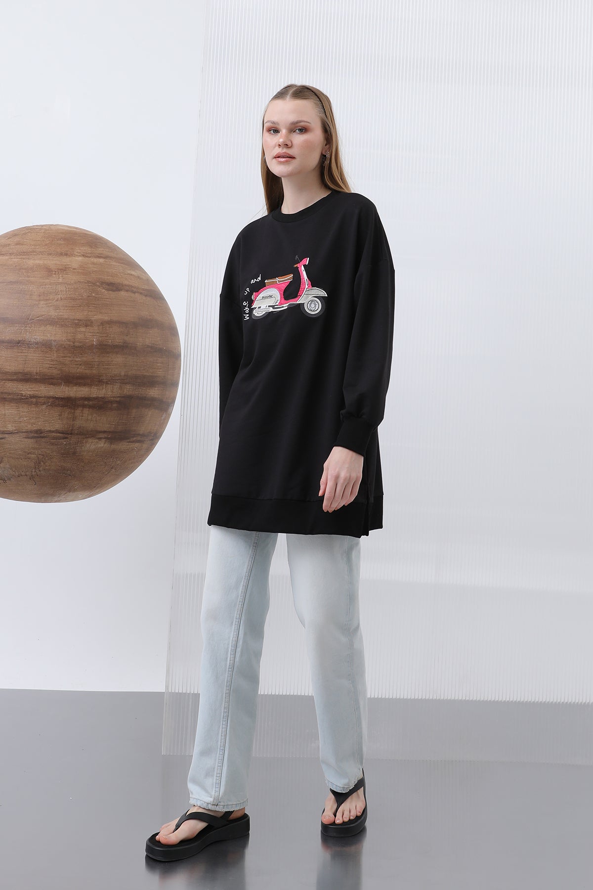 Kadın Önü Scooter Baskılı Ve Garnili Tunik - 10636TUN - BLACK