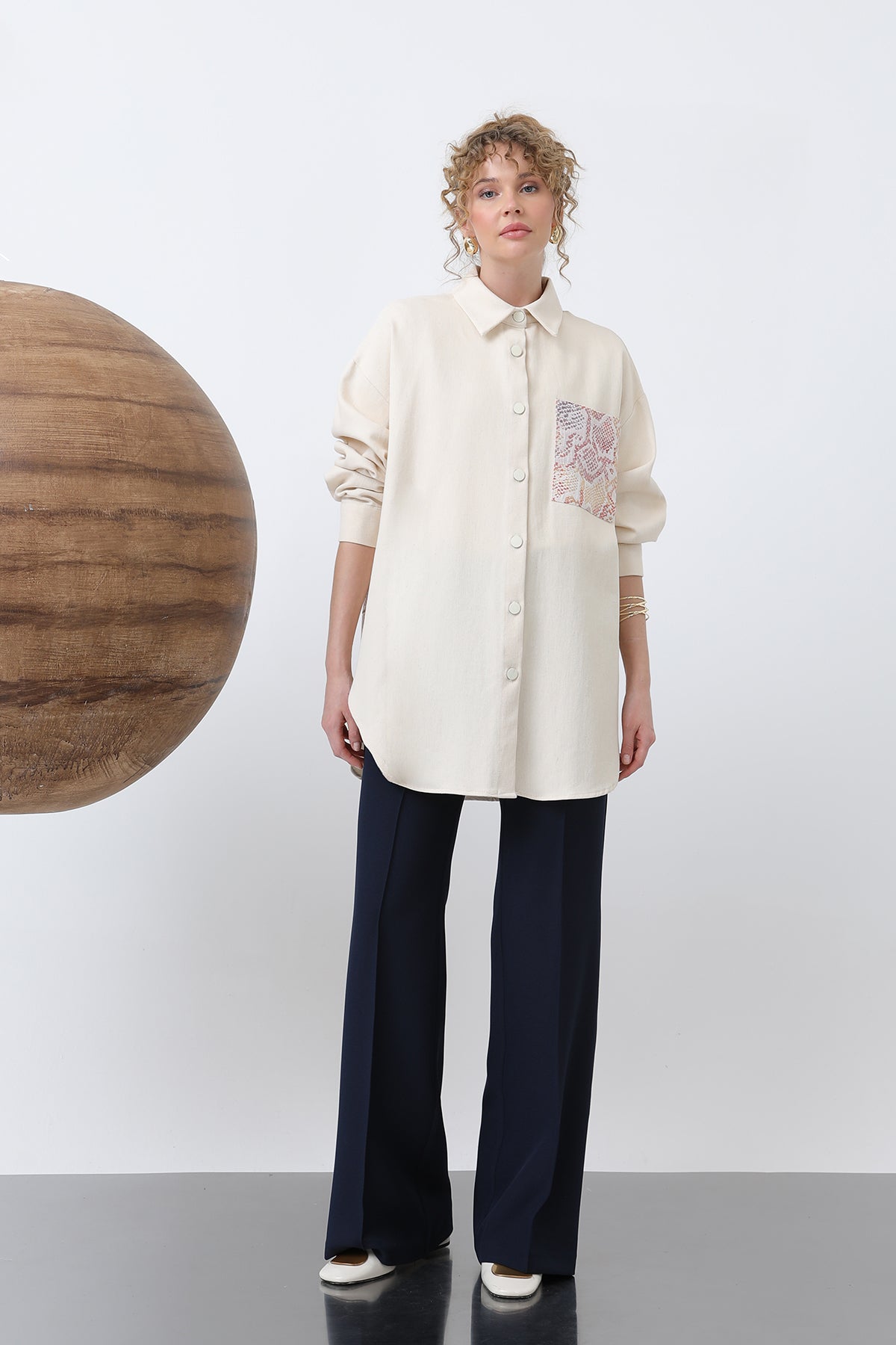 Kadın Önü Garni Cep Detaylı Arkası Nakışlı Tunik - 10642GML - BEIGE-ORANGE