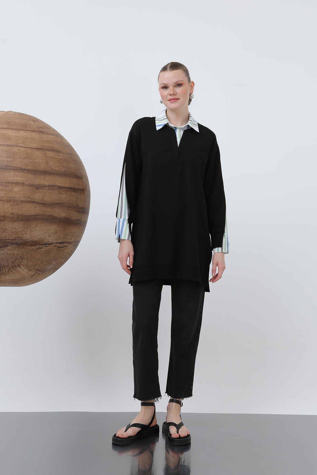 Kadın Çizgi Garnili Tunik - 10650TUN - BLACK-BLUE