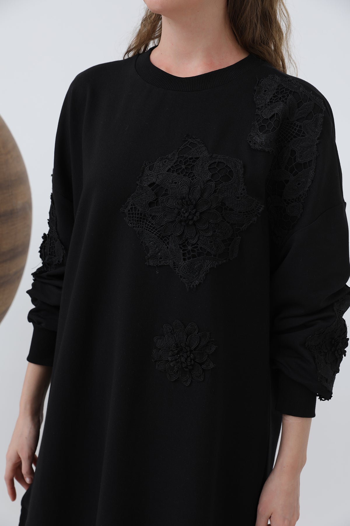 Kadın Önü Çiçek Motifli Dantelli Tunik - 10652TUN