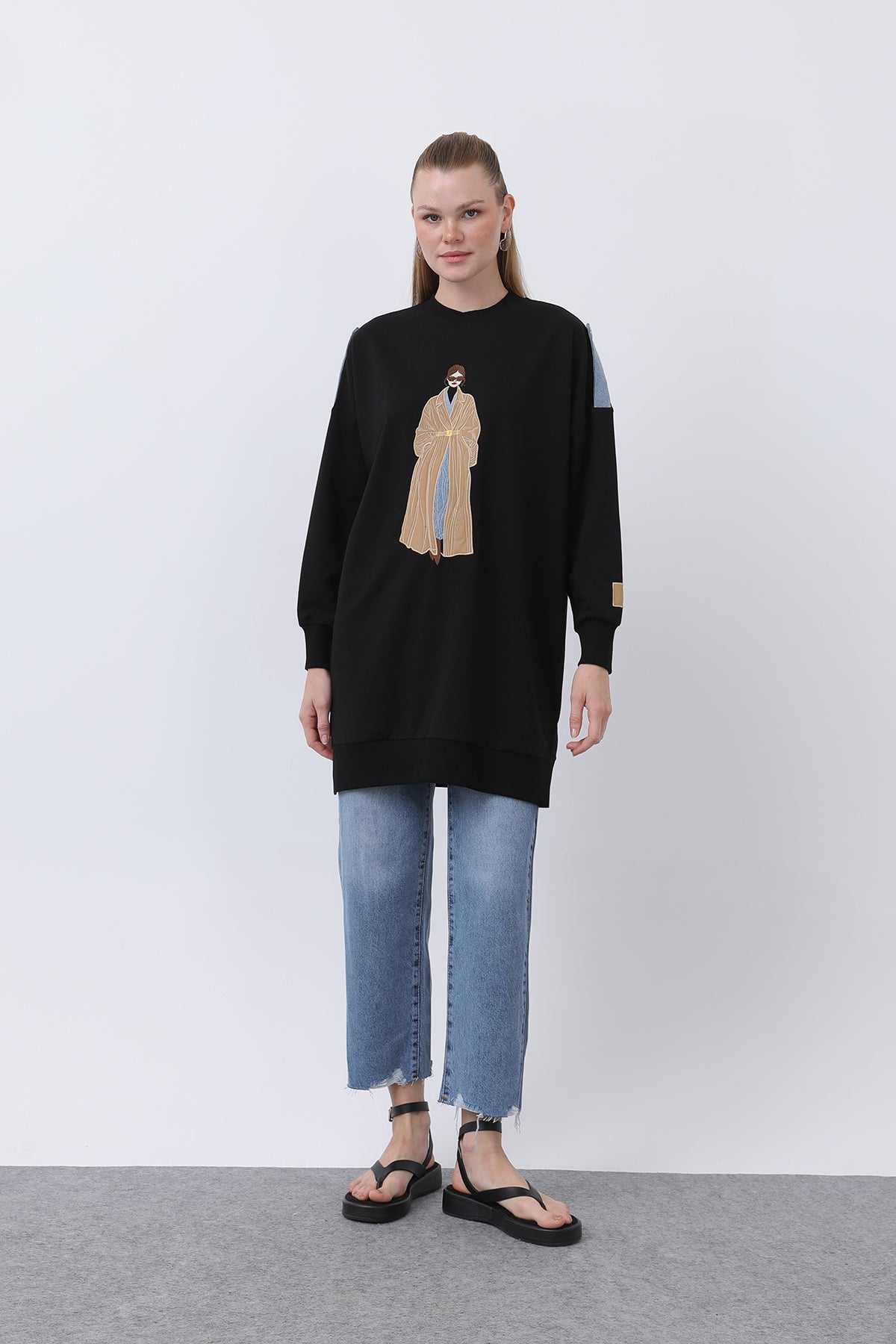 Kadın Önü Nakışlı Ve Baskılı Tunik - 10655TUN - BLACK