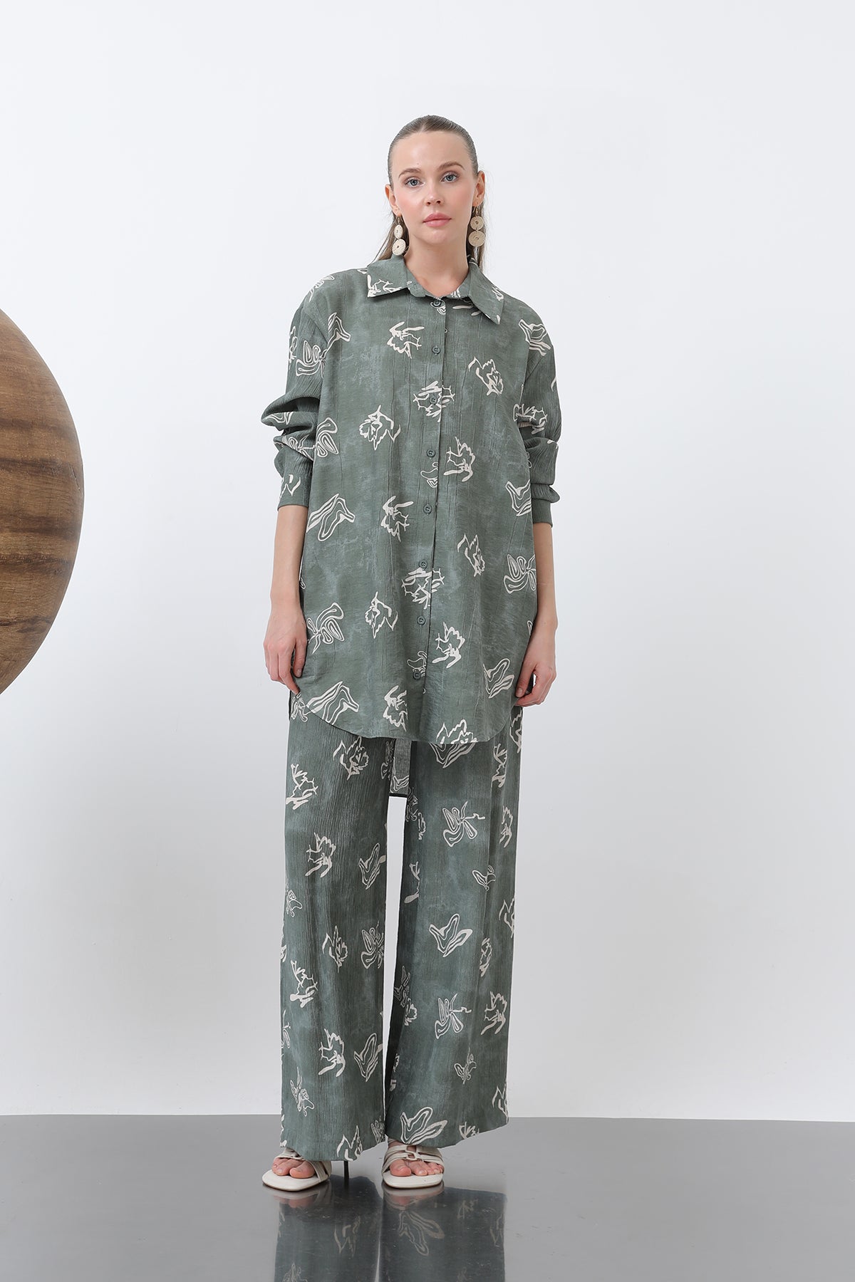 Kadın Desenli Düğme Detaylı Gömlek Tunik -10670GML - KHAKI