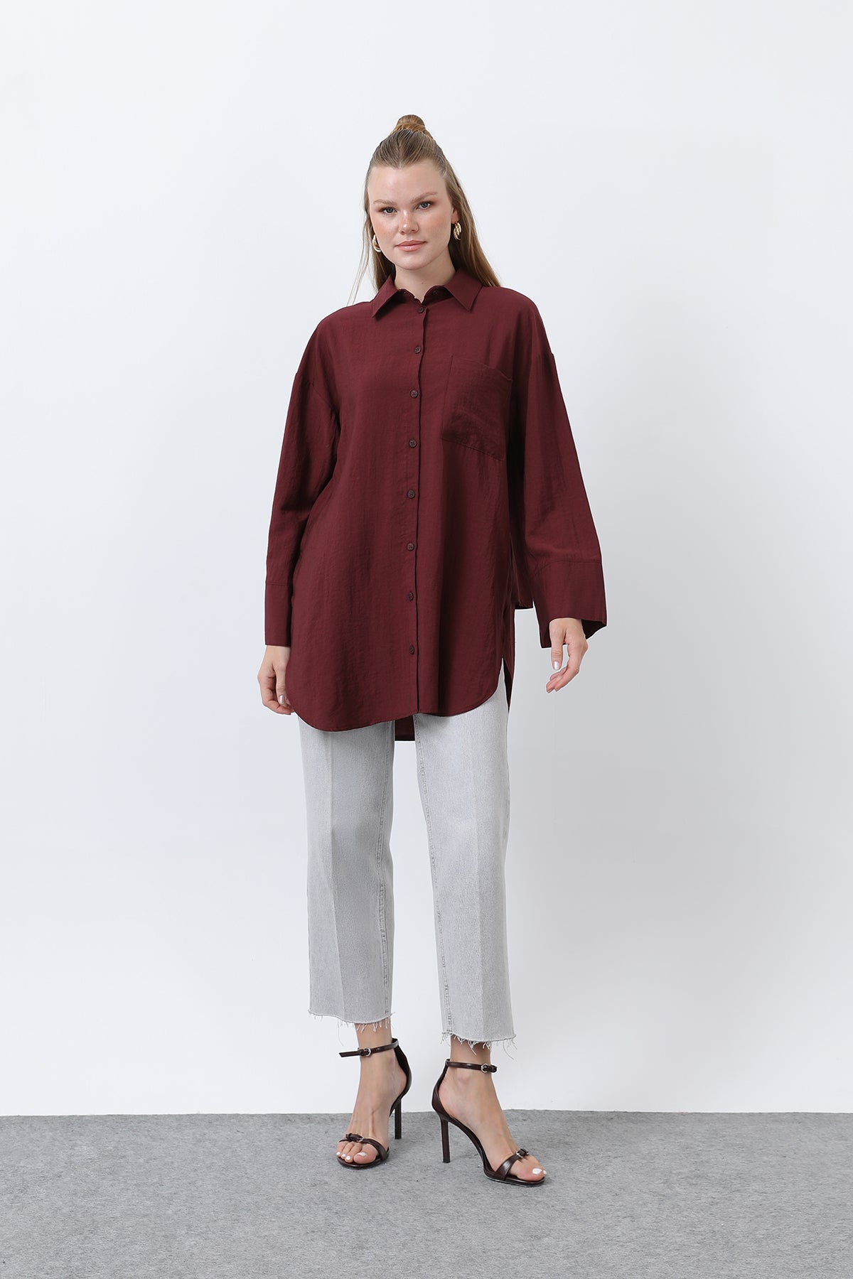 Kadın Arkası Katlı Büzgülü Gömlek - 10688GML - BURGUNDY