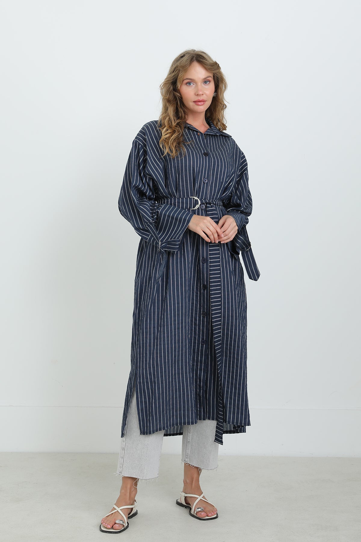 Kadın Kuşaklı Çizgili Tunik Gömlek-10701TUN - NAVY