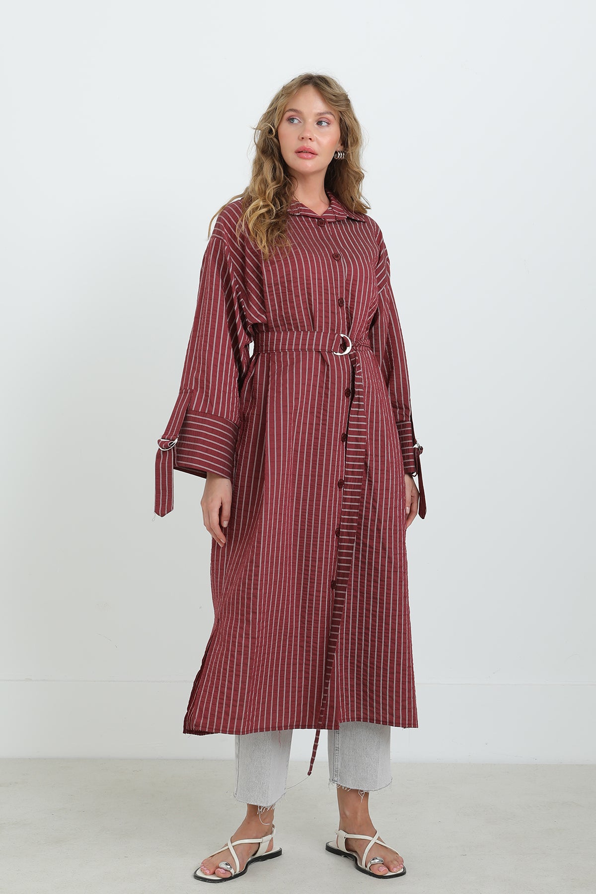 Kadın Kuşaklı Çizgili Tunik Gömlek-10701TUN - BURGUNDY