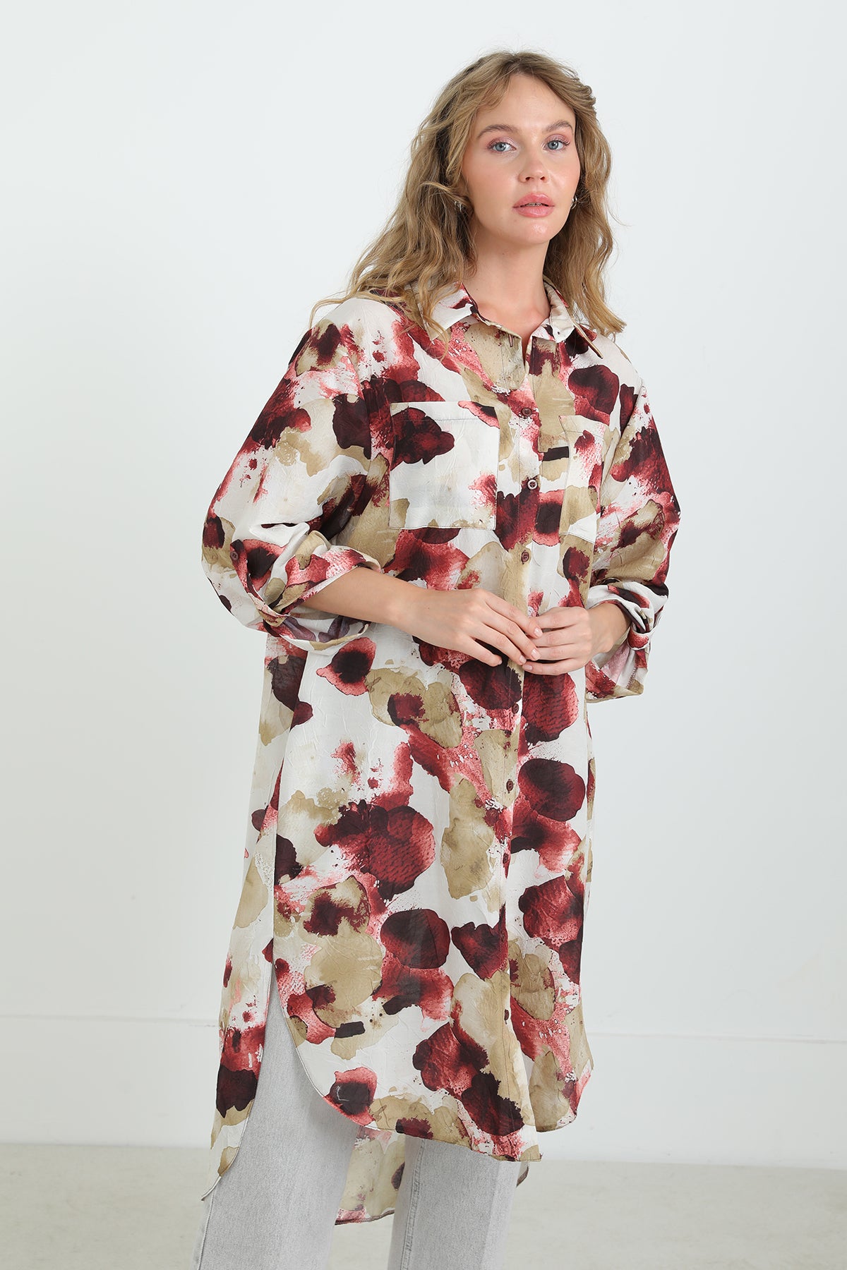 Kadın Desenli Oversize Gömlek -10702TUN - BURGUNDY