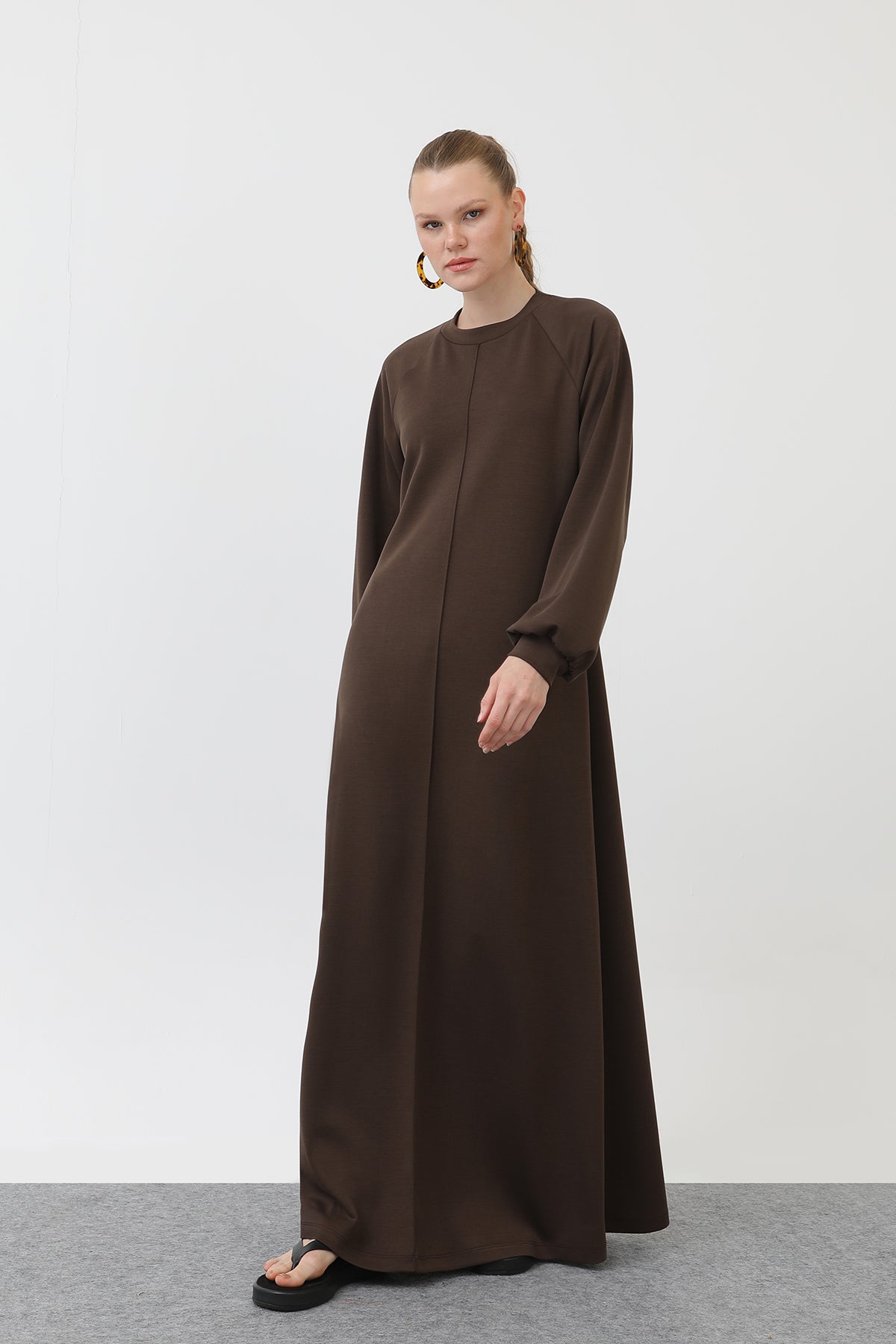 Kadın Nervür Dikişli Reglan Kol Elbise - 12557ELB - BROWN
