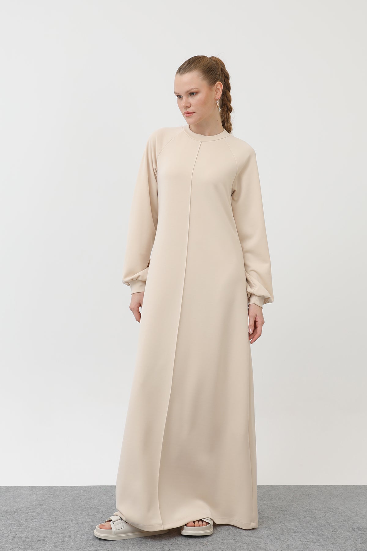 Kadın Nervür Dikişli Reglan Kol Elbise - 12557ELB - BEIGE