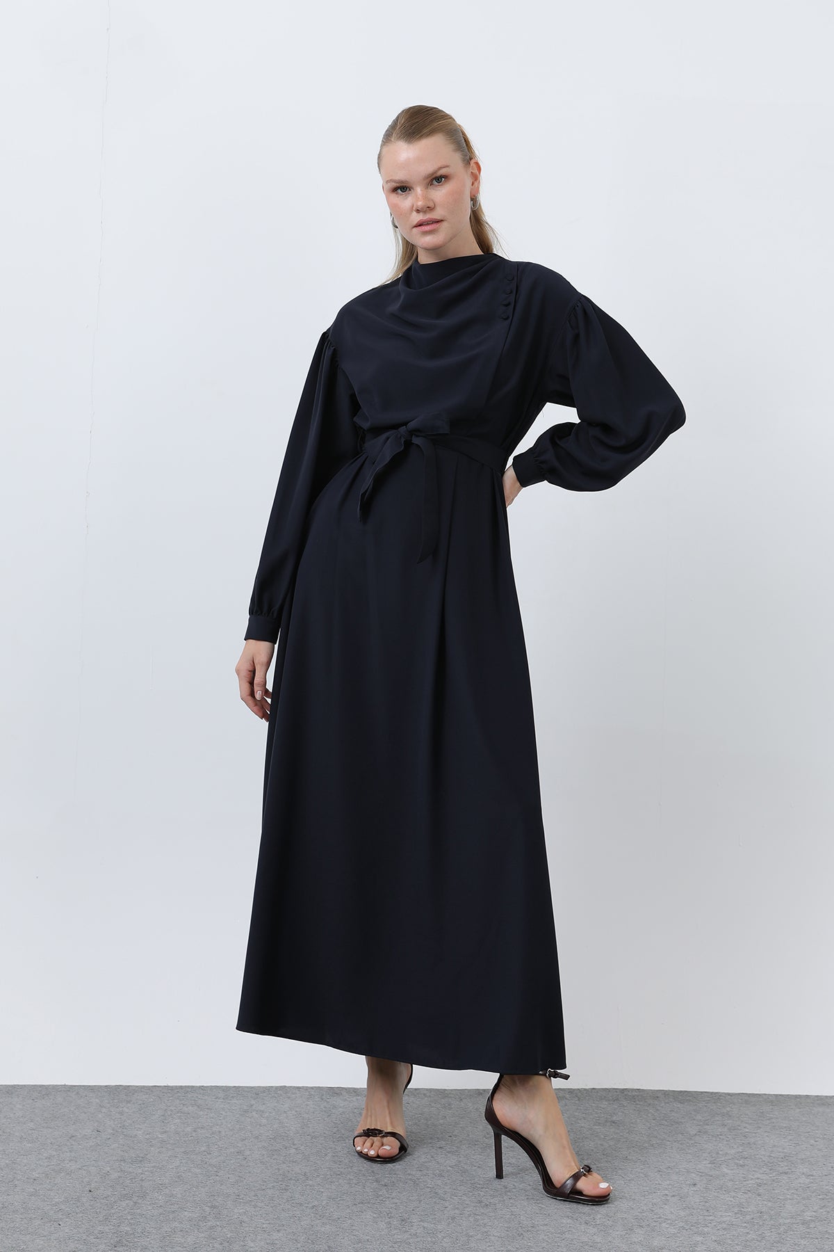 Kadın Beli Kuşaklı Saten Elbise - 12608ELB - BLACK