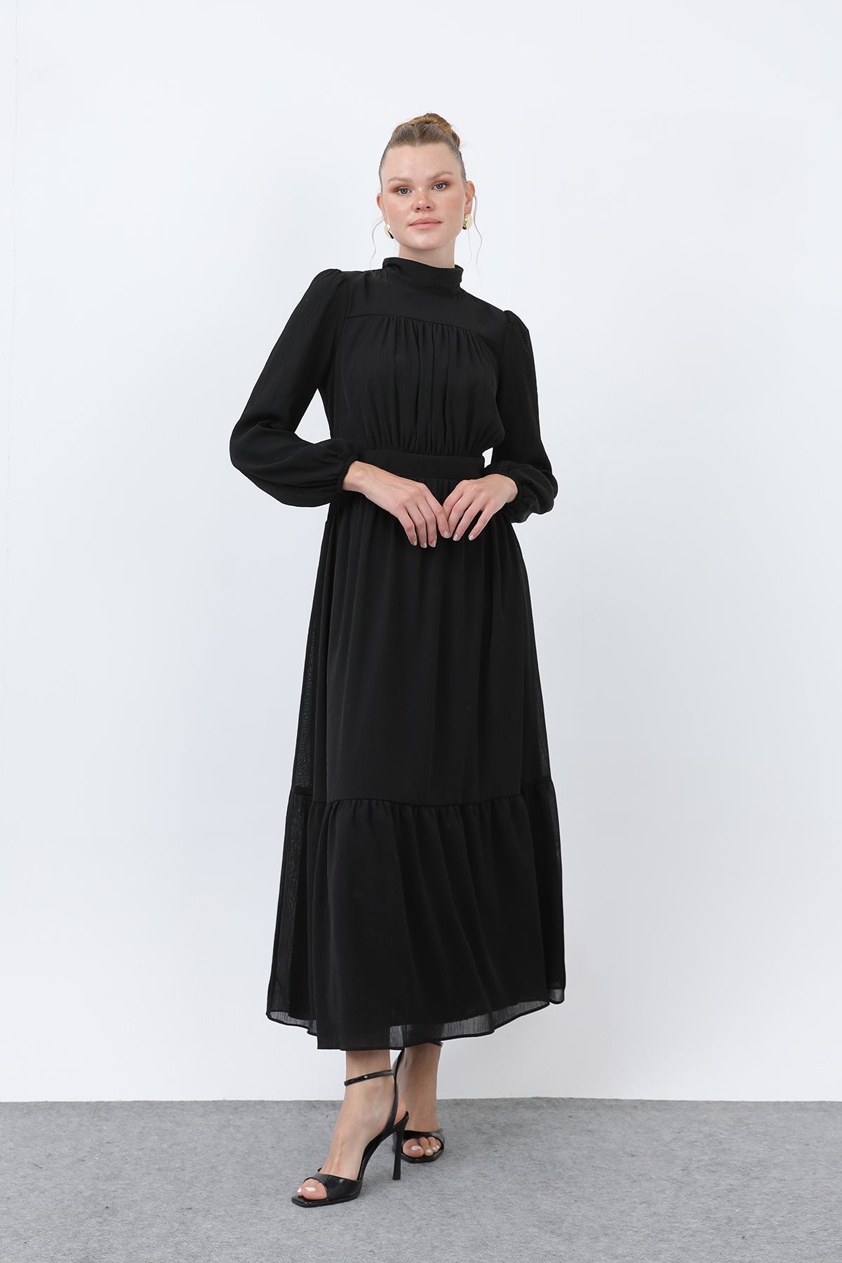 Kadın Drape Detaylı Yüksek Yaka Elbise - 12613ELB - BLACK