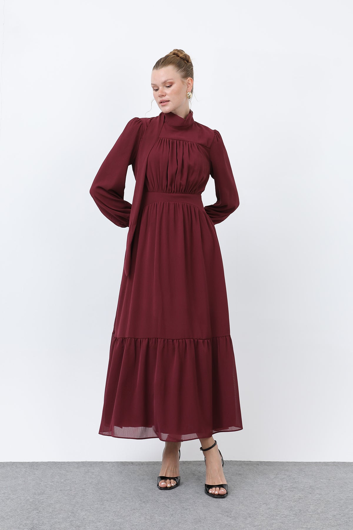 Kadın Drape Detaylı Yüksek Yaka Elbise - 12613ELB - BURGUNDY