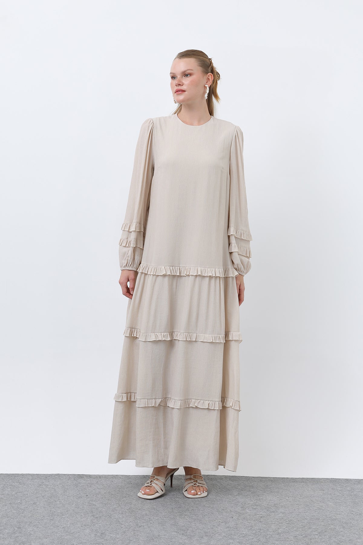 Kadın Fırfır Detaylı Elbise - 12620ELB - BEIGE