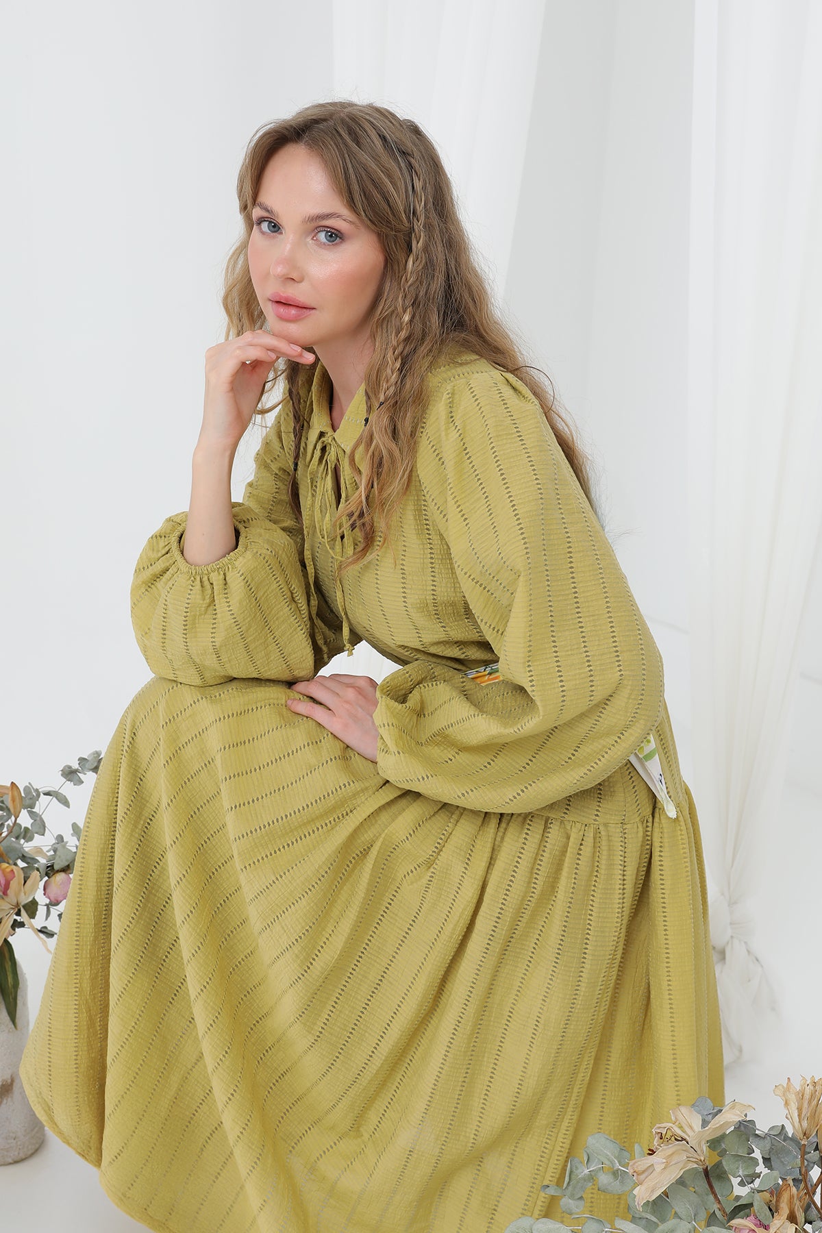 Kadın Broş Detaylı Büzgülü Elbise - 12628ELB - OLIVE