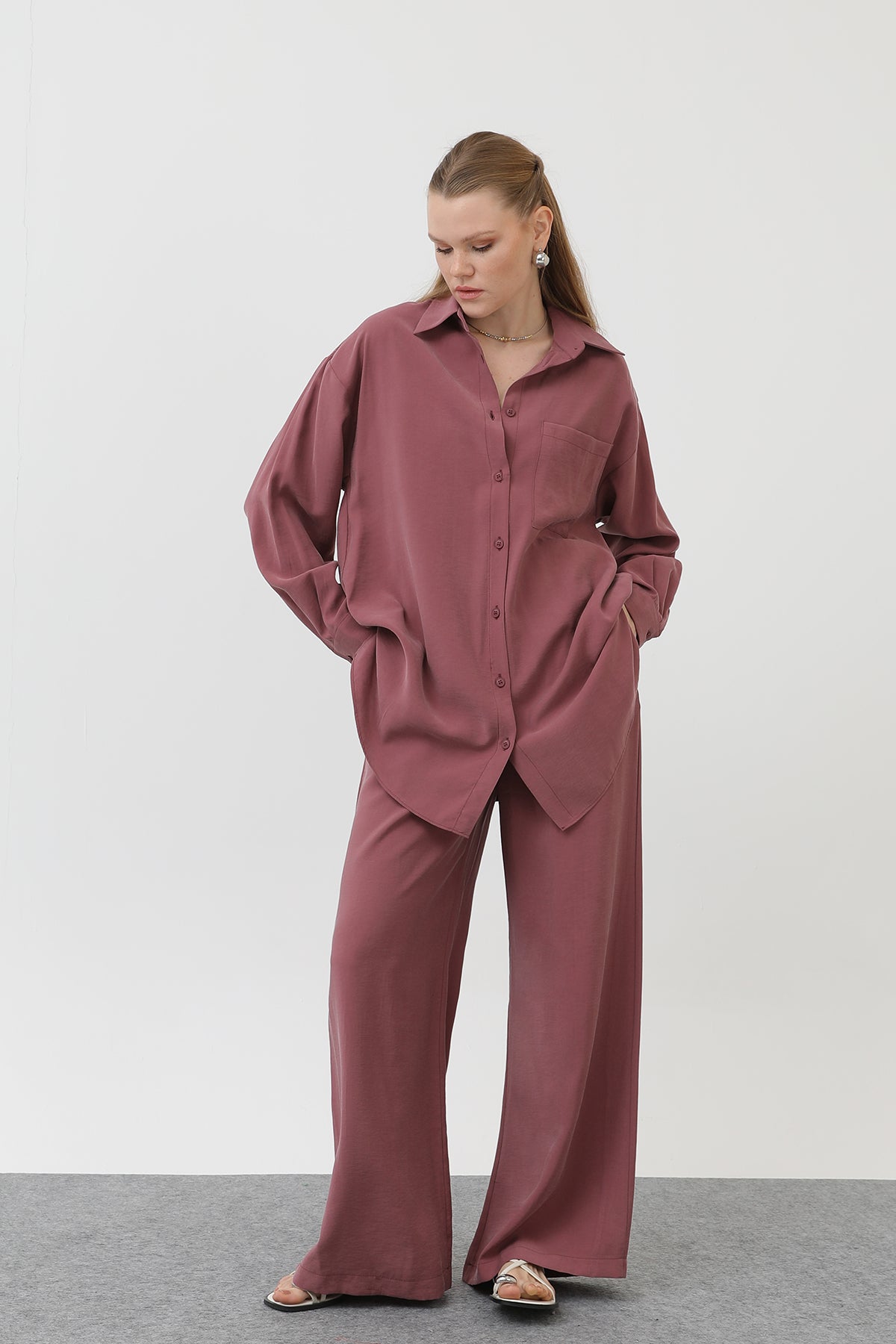Kadın Arkası Robalı Gömlek Pantolon Takım - 14296TKS - ROSE