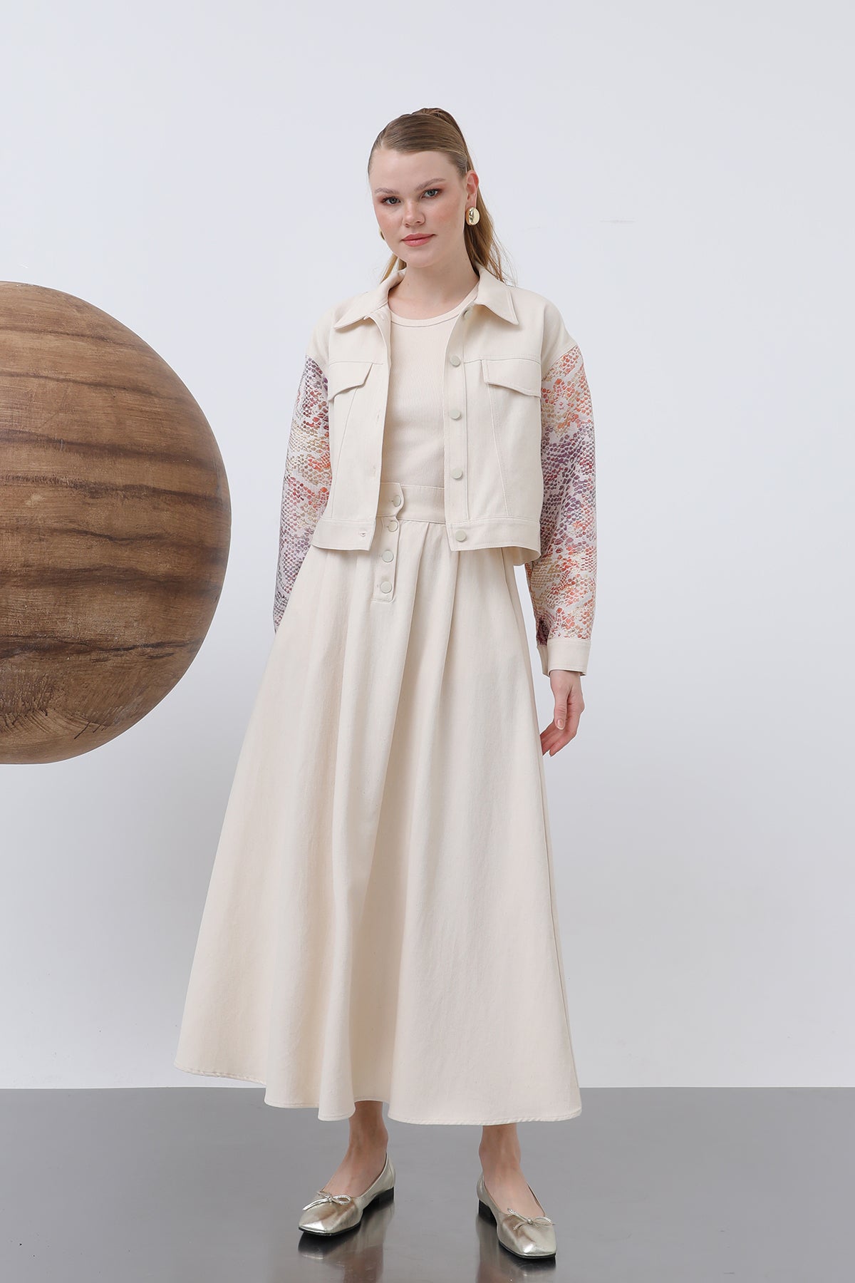 Kadın Kolları Desenli Etekli Takım - 14311TKS - BEIGE-ORANGE