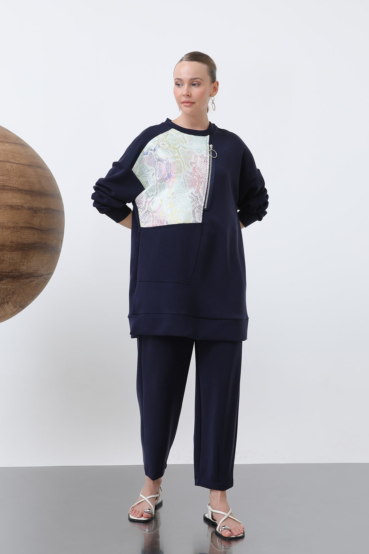Kadın Önü Jakarlı Fermuar Detaylı Pantolonlu Takım - 14312TKS - NAVY-BLUE