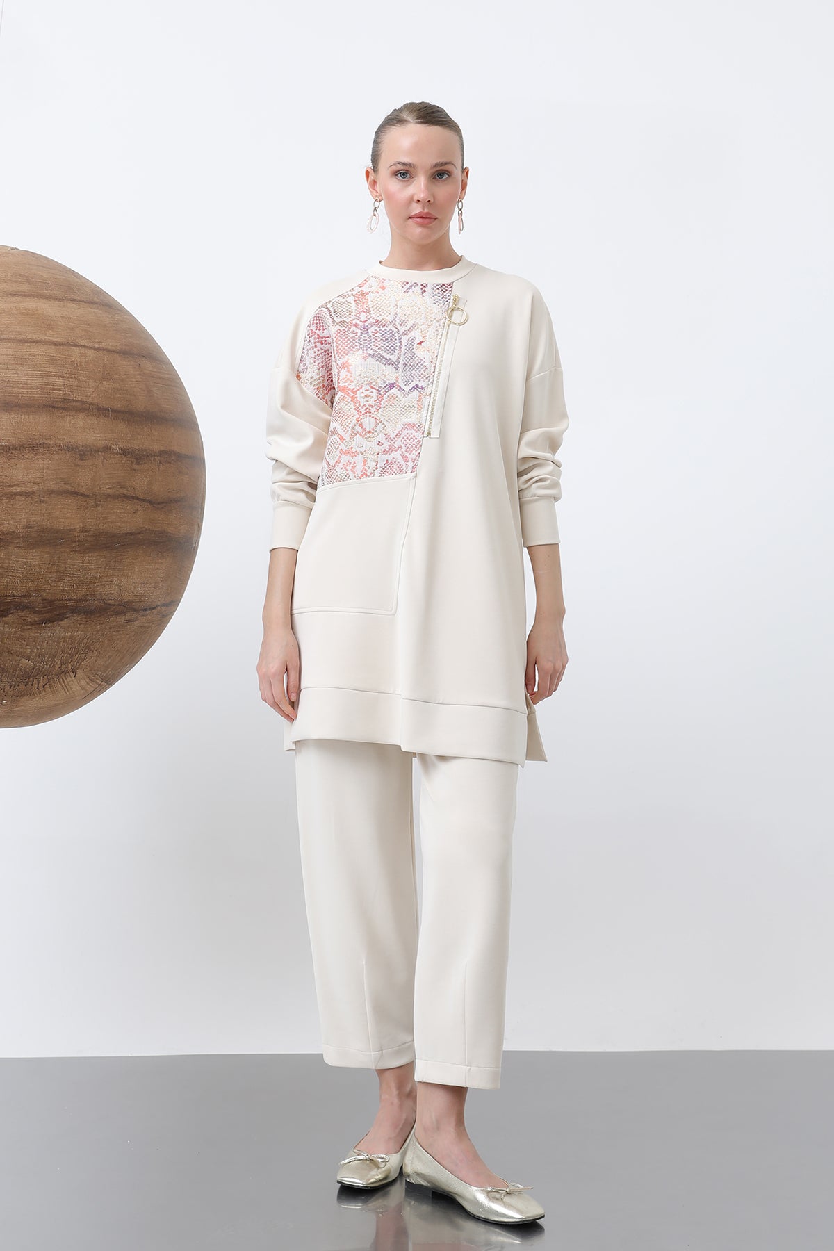 Kadın Önü Jakarlı Fermuar Detaylı Pantolonlu Takım - 14312TKS - SAND BEIGE-ORANGE