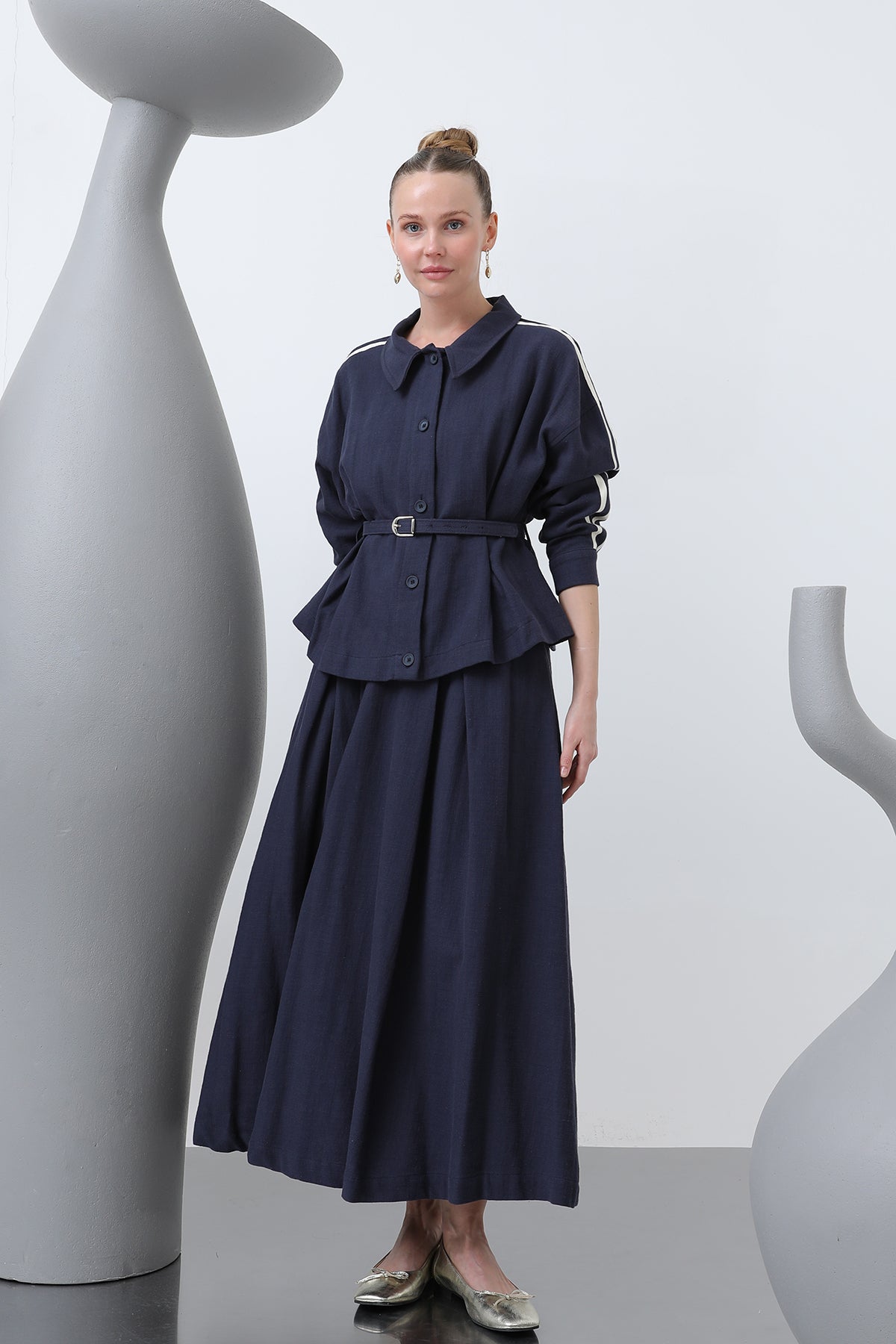 Kadın Beli Kemerli Etekli Takım - 14314TKS - NAVY