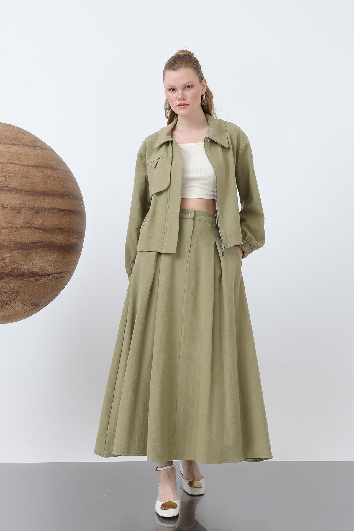 Kadın Gizli Patlı Fermuarlı Etekli Takım - 14315TKS - LIGHT KHAKI