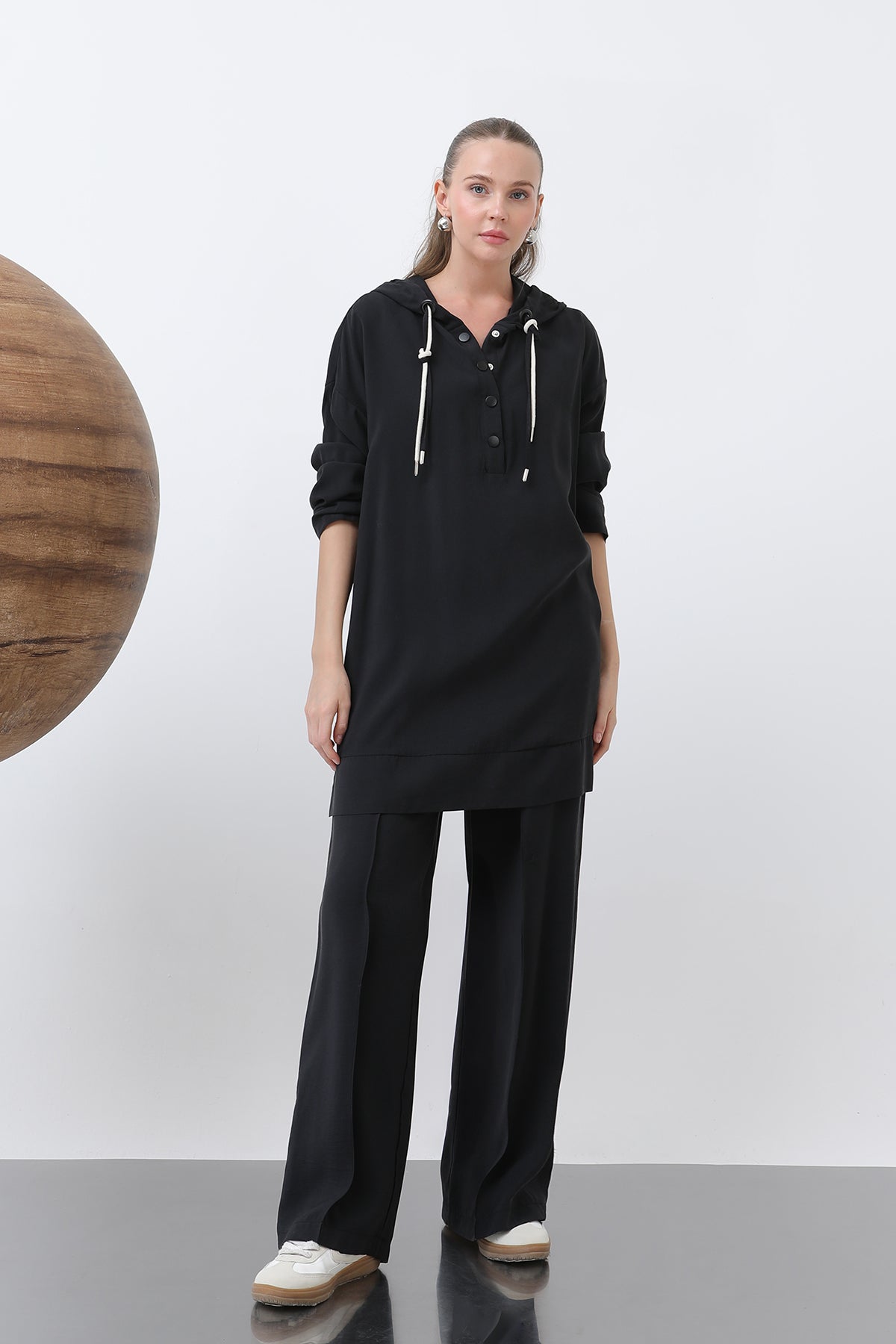 Kadın Önü Çıtçıt Ve Kordon Detaylı Pantolonlu Takım - 14319TKS - BLACK