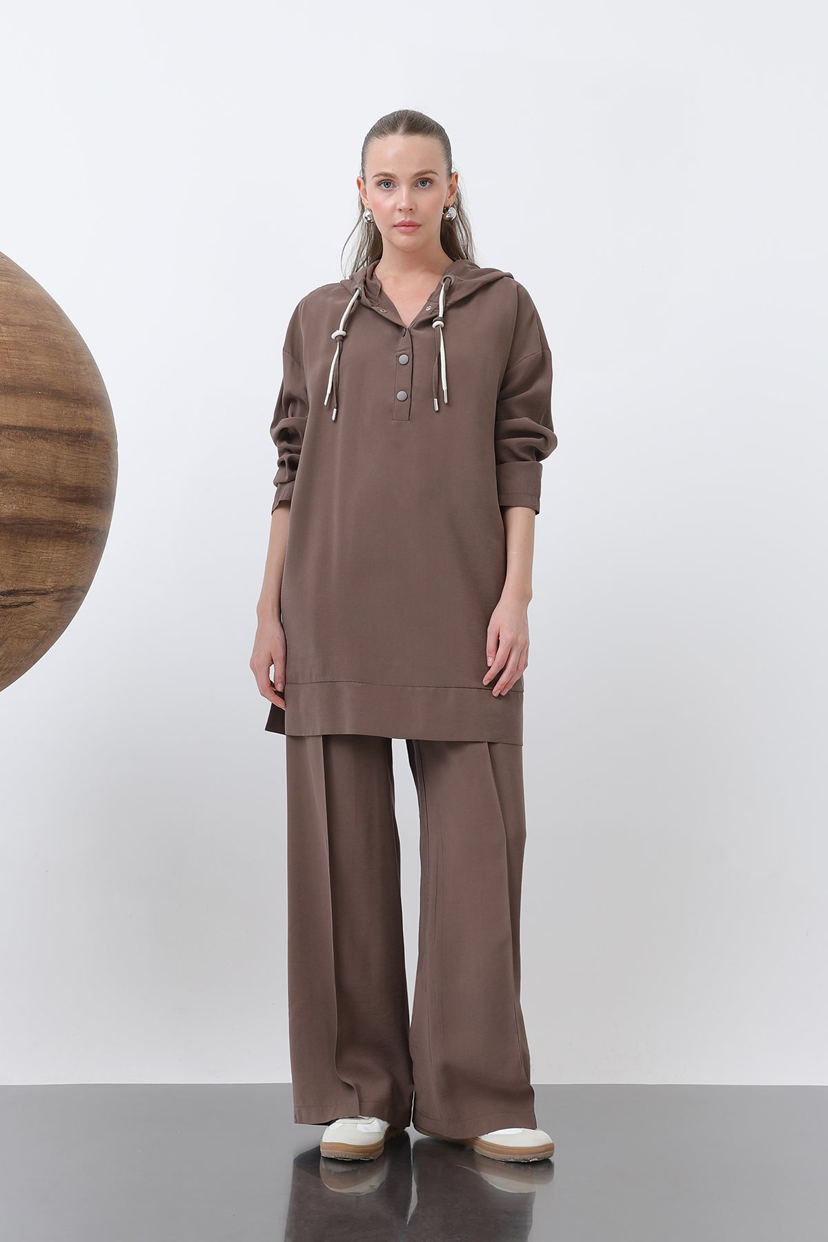 Kadın Önü Çıtçıt Ve Kordon Detaylı Pantolonlu Takım - 14319TKS - BROWN