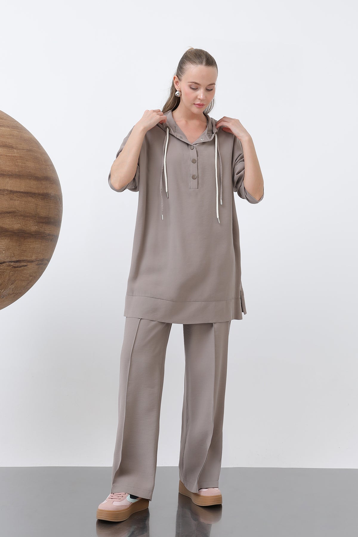 Kadın Önü Çıtçıt Ve Kordon Detaylı Pantolonlu Takım - 14319TKS - MINK