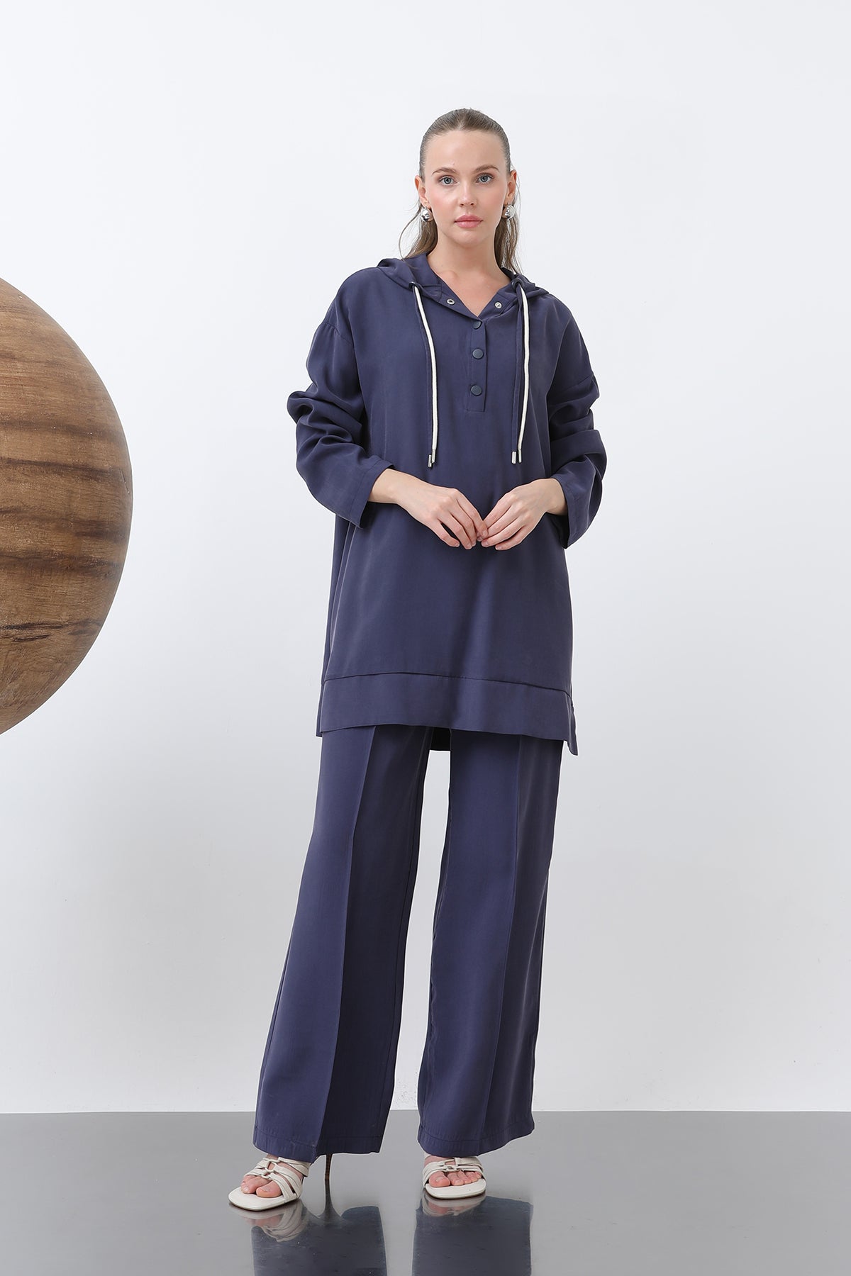 Kadın Önü Çıtçıt Ve Kordon Detaylı Pantolonlu Takım - 14319TKS - NAVY