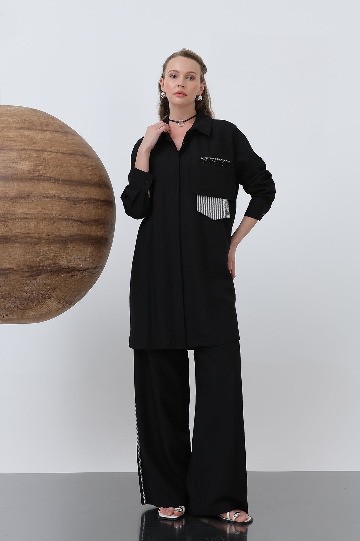 Kadın Omuz Garni Detaylı Pantolonlu Takım - 14322TKM - BLACK