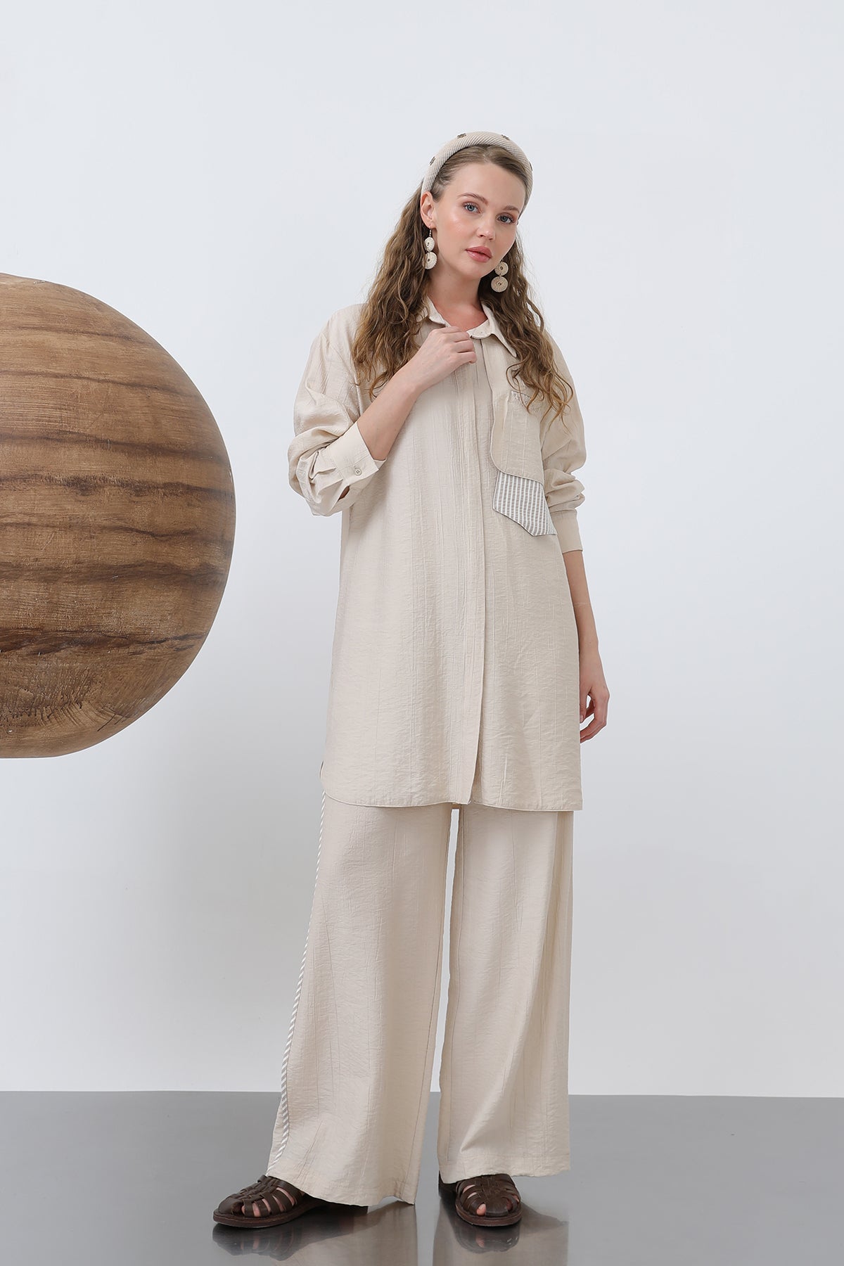 Kadın Omuz Garni Detaylı Pantolonlu Takım - 14322TKM - BEIGE