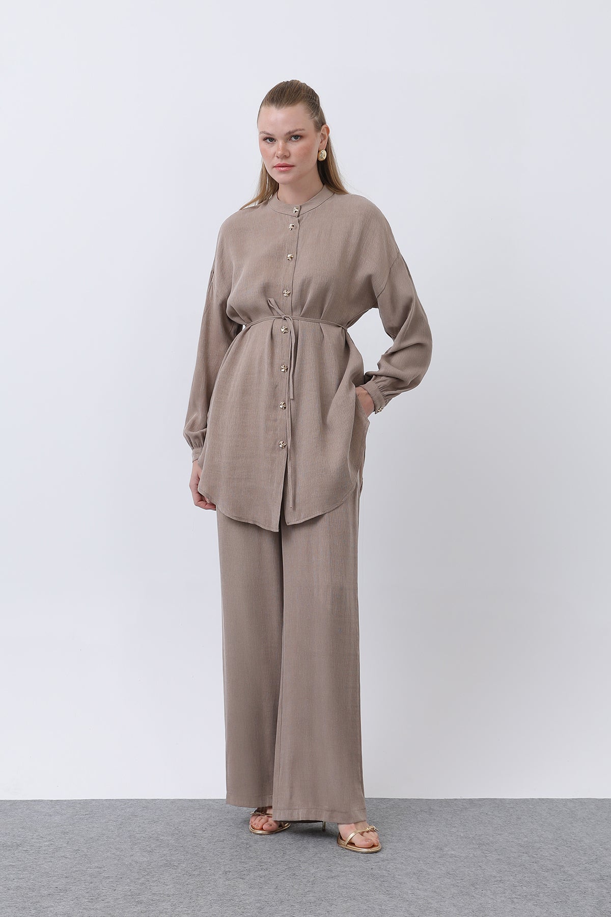 Kadın Düğme Detaylı Hakim Yaka Tunik Takım - 14329TKS - BROWN