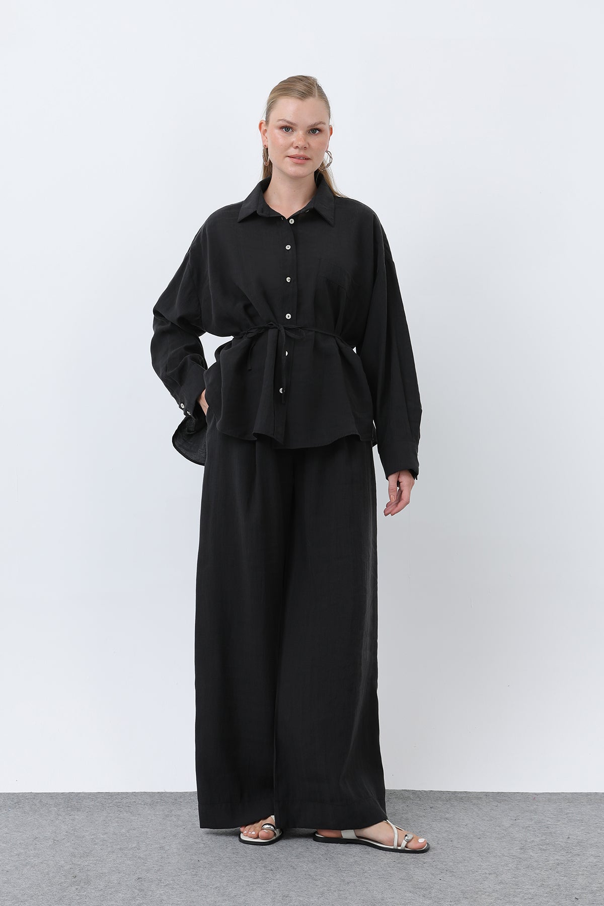 Kadın Arkası Biye Detaylı Pantolonlu Takım - 14335TKS - BLACK