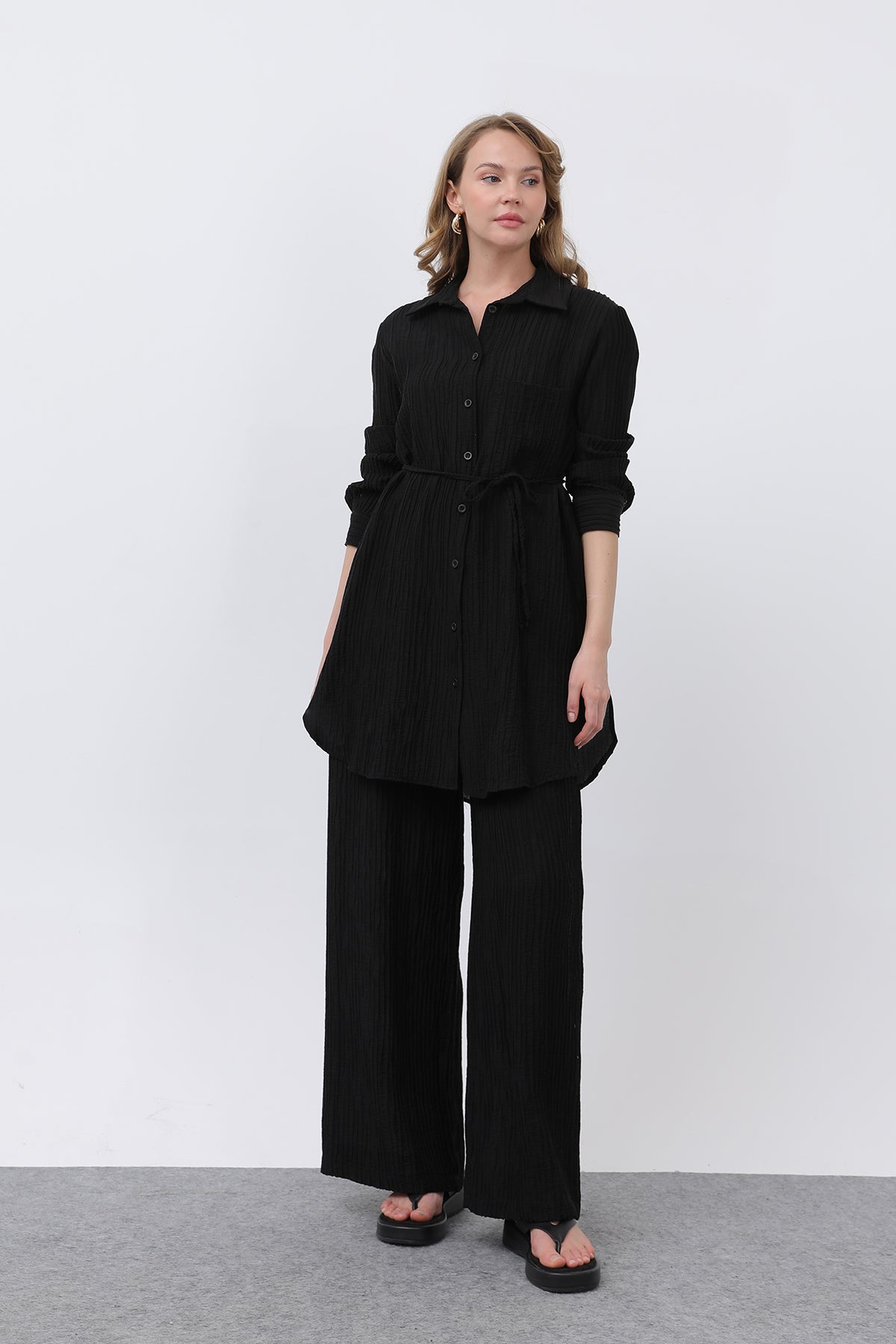 Kadın Beli Kuşaklı Pantolonlu Takım - 14336TKS - BLACK