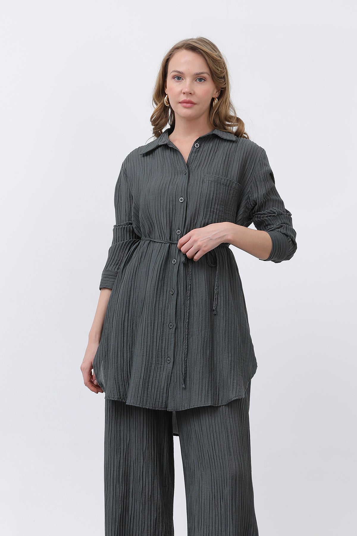 Kadın Beli Kuşaklı Pantolonlu Takım - 14336TKS - ANTRACITE