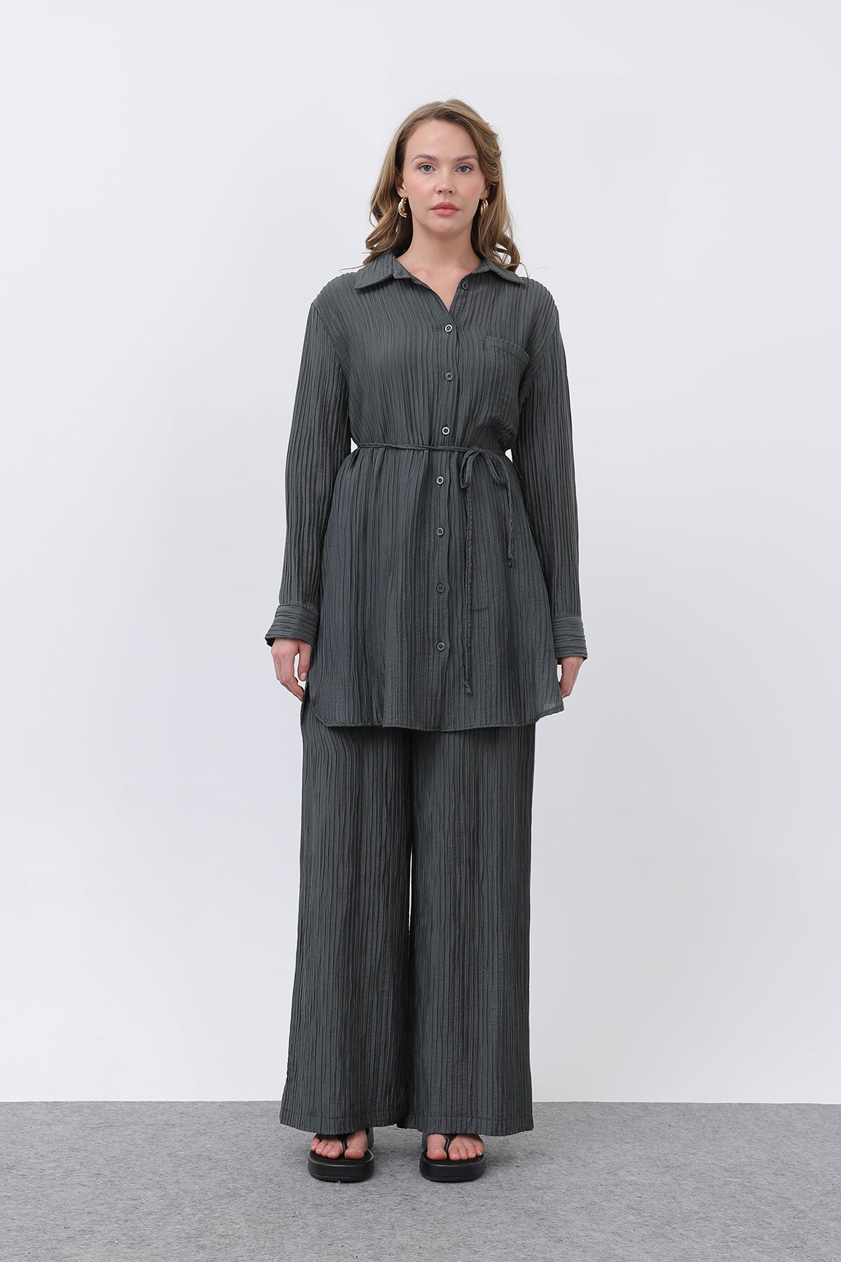 Kadın Beli Kuşaklı Pantolonlu Takım - 14336TKS