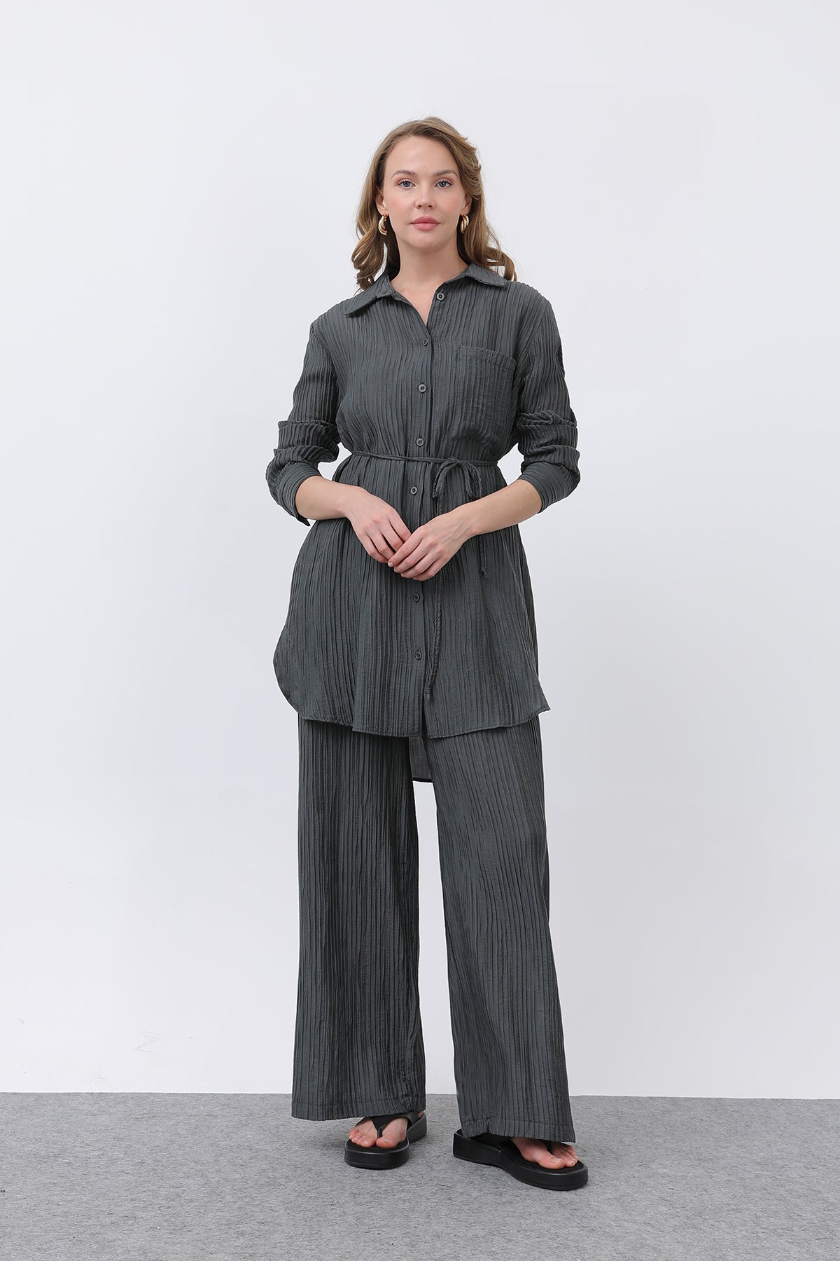 Kadın Beli Kuşaklı Pantolonlu Takım - 14336TKS