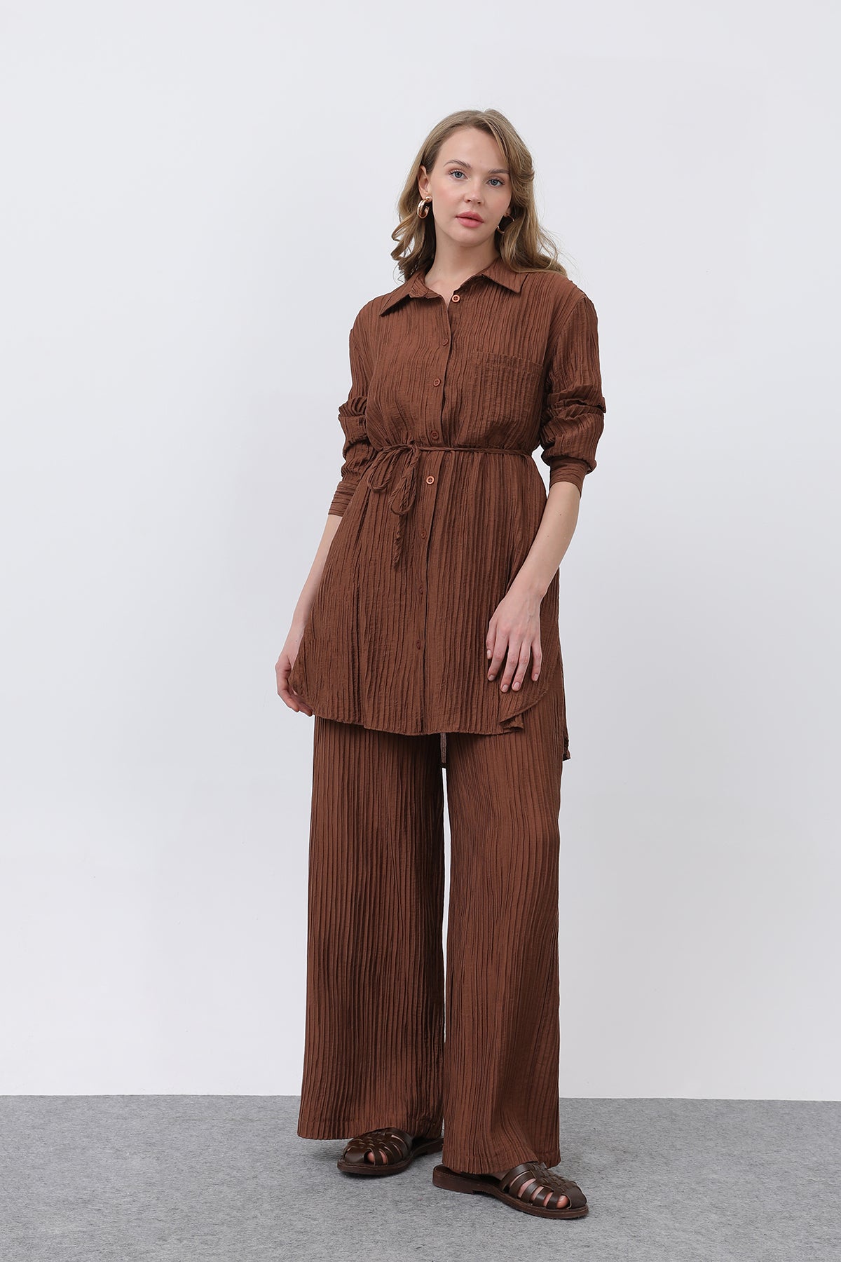 Kadın Beli Kuşaklı Pantolonlu Takım - 14336TKS - BROWN