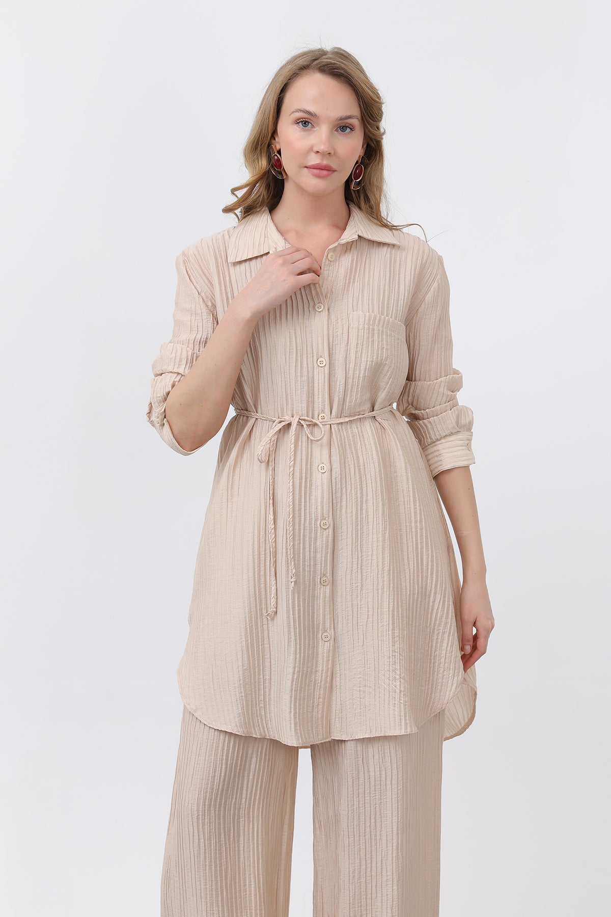 Kadın Beli Kuşaklı Pantolonlu Takım - 14336TKS - BEIGE